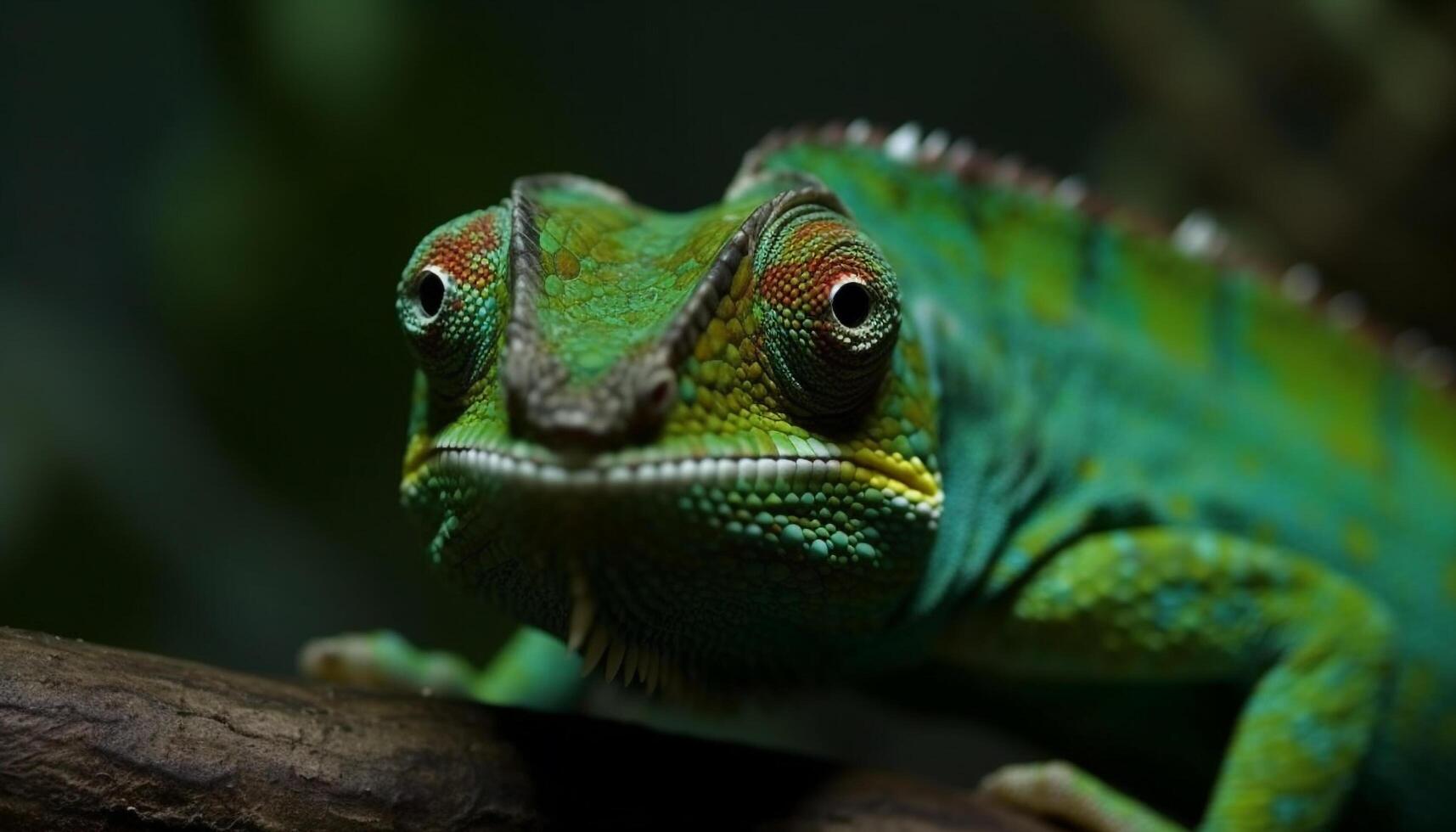 Green lizard on branch, close up of multi colored gecko eye generated by AI photo