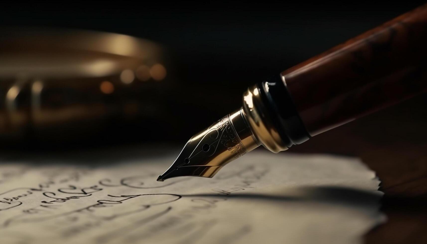 Antique quill pen writes elegant calligraphy on parchment document generated by AI photo