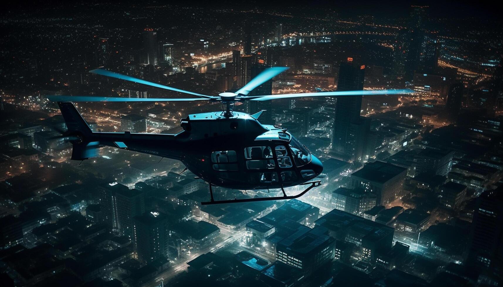 Glowing helicopter propeller illuminates cityscape during night airshow performance generated by AI photo