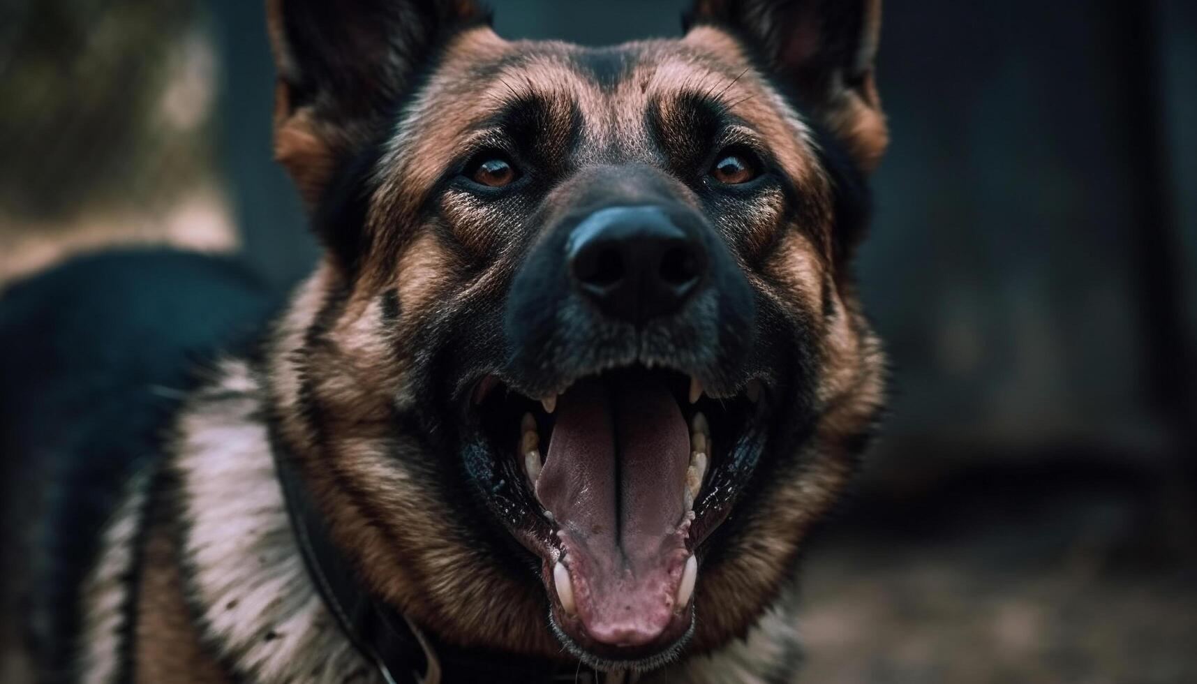 Cute German Shepherd puppy sitting outdoors, looking at camera smiling generated by AI photo