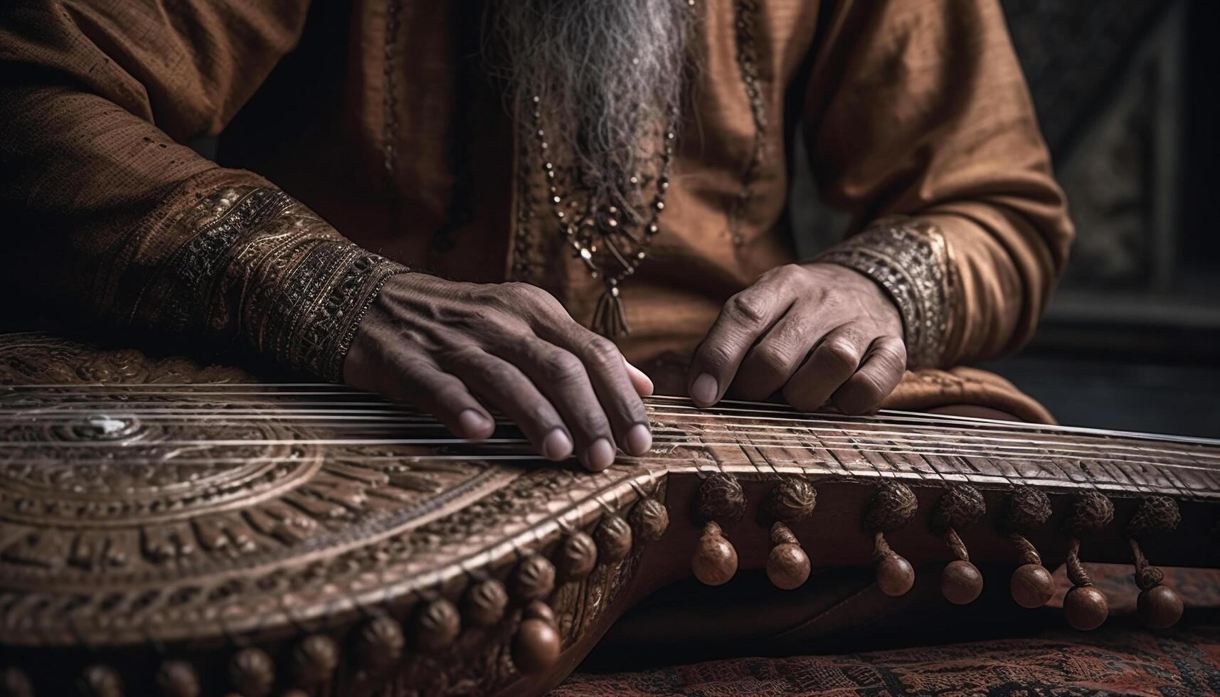 One man playing a wooden guitar, showcasing his musical skill generated by AI photo