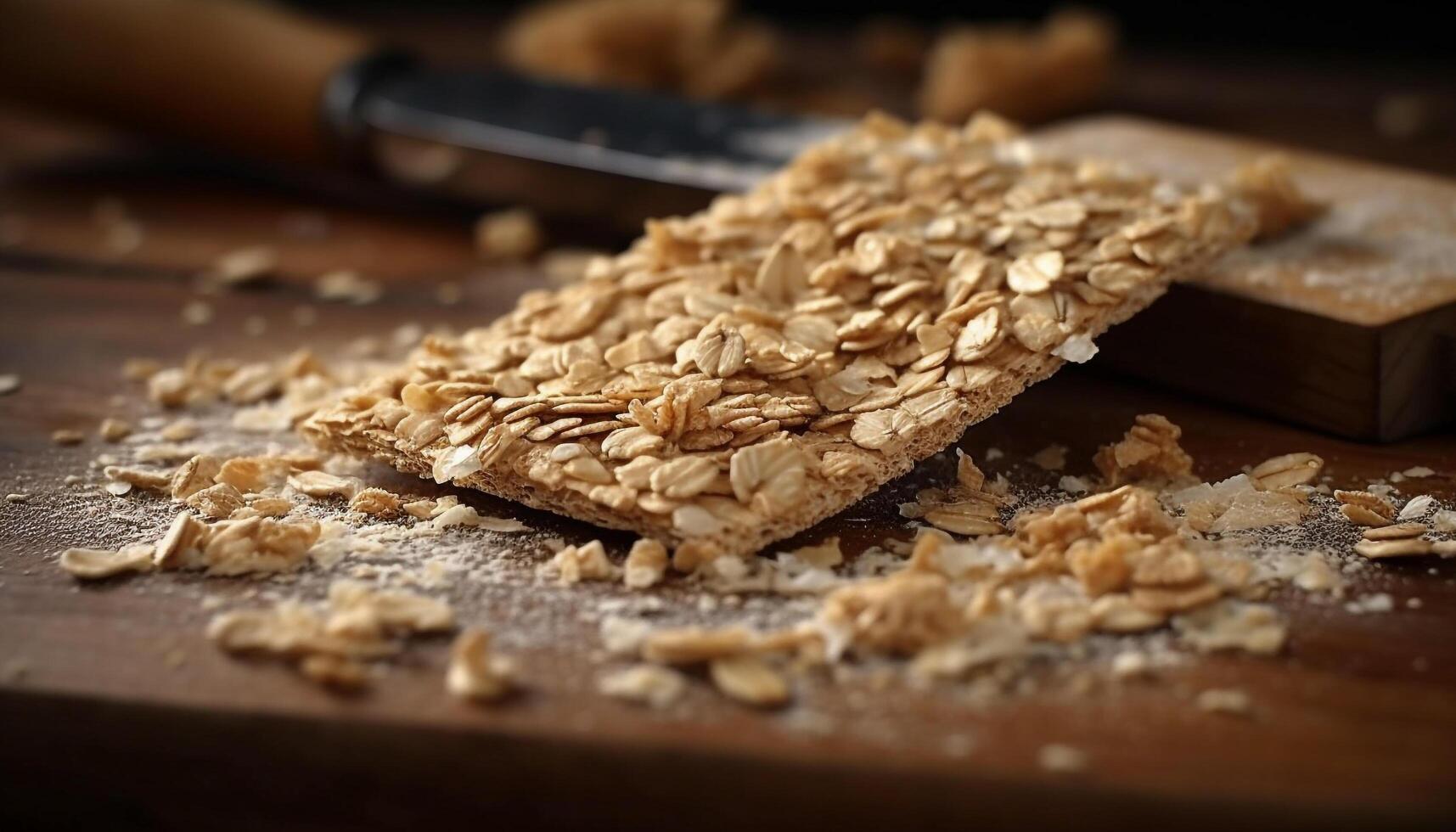 Whole wheat granola stack, a healthy indulgence on cutting board generated by AI photo
