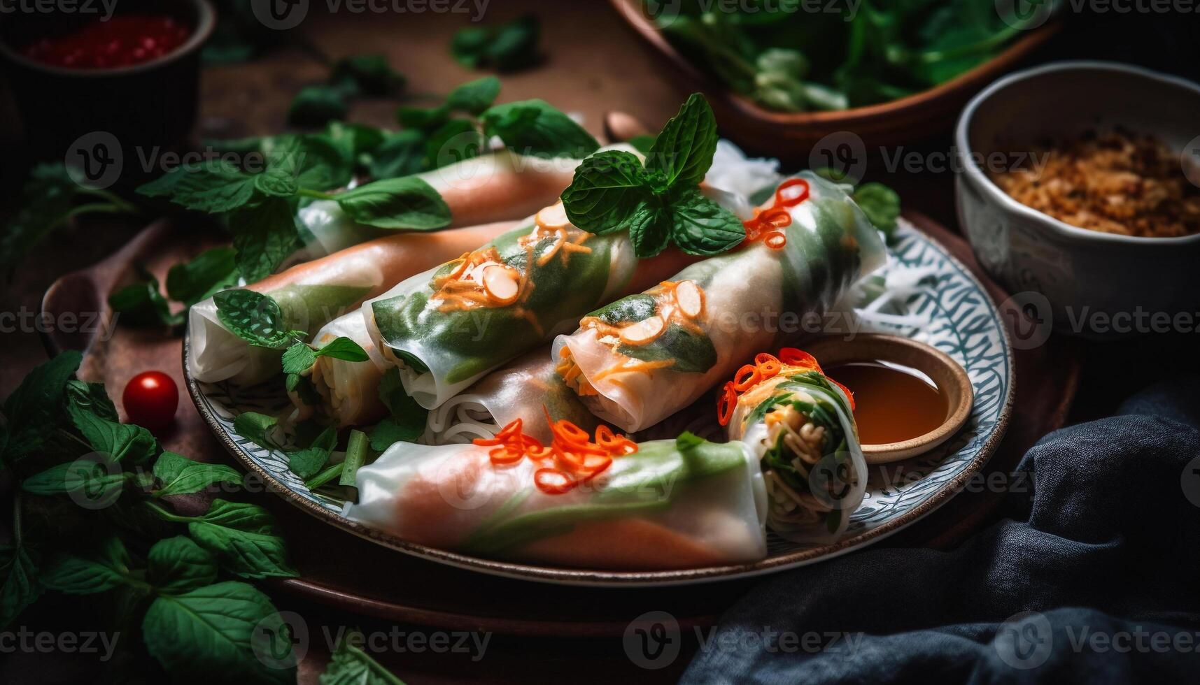 Fresh spring roll appetizer with pork and vegetables, savory sauce generated by AI photo