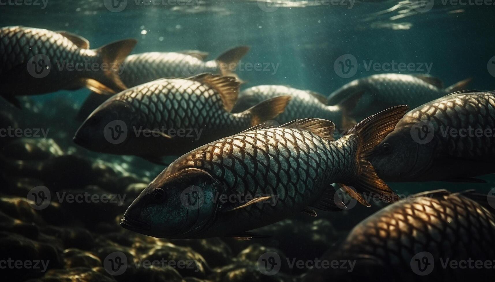 School of fish swimming in deep blue tropical reef waters generated by AI photo