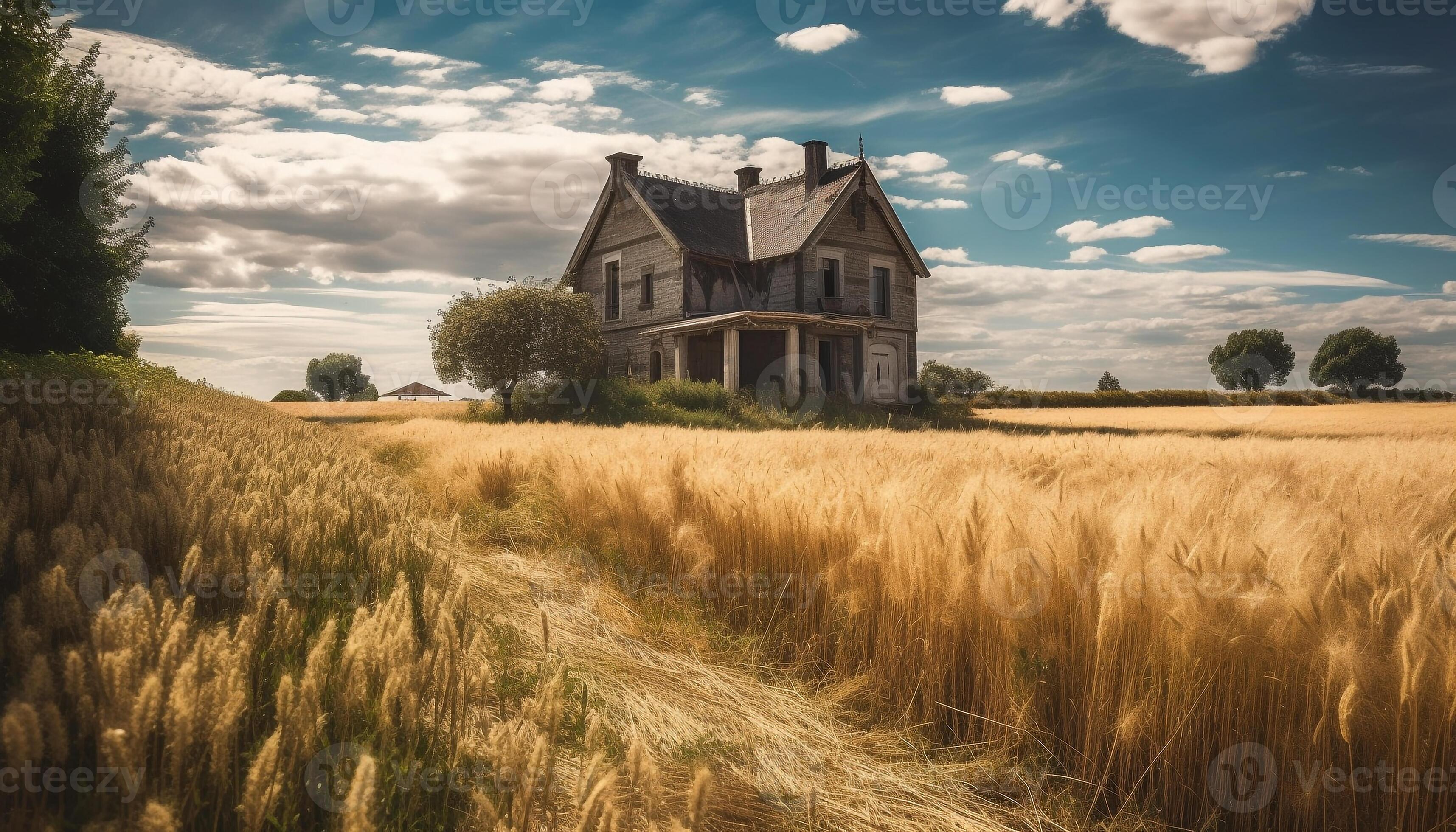 Rural farm landscape with old farmhouse, wheat fields, and meadows