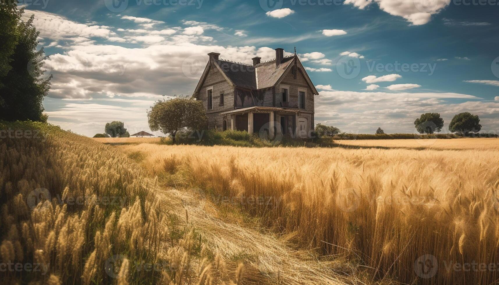 rural granja paisaje con antiguo casa de Campo, trigo campos, y prados generado por ai foto