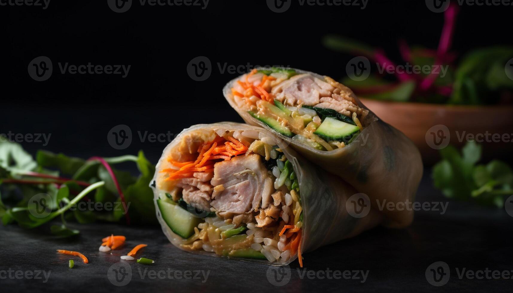 Fresh gourmet spring roll with healthy vegetables and homemade guacamole generated by AI photo