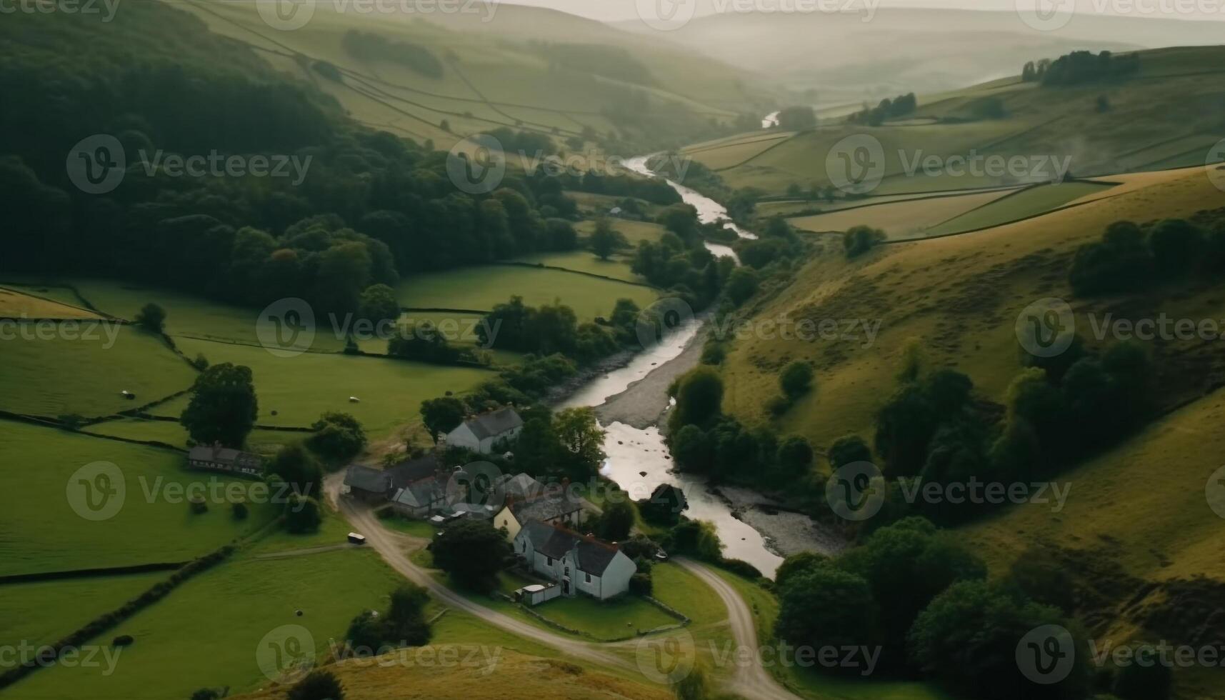 idílico rural escena alto ángulo ver de casa de Campo cerca canal generado por ai foto