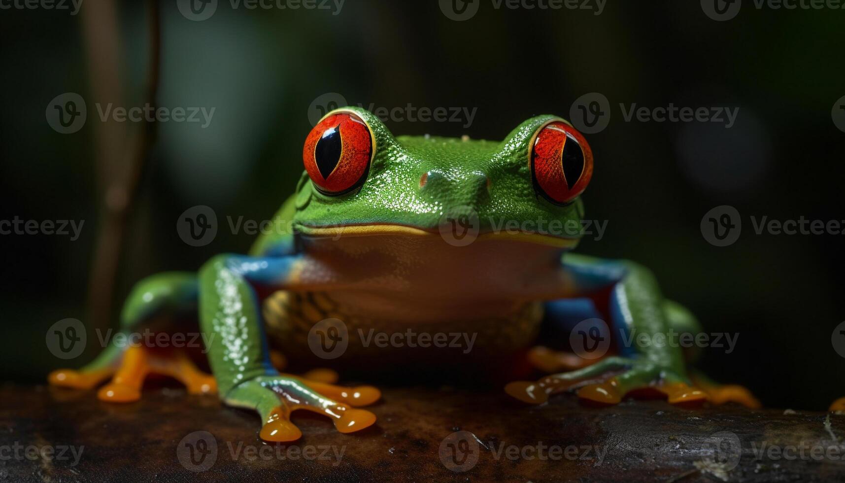 Red eyed tree frog sitting on wet branch in tropical rainforest generated by AI photo