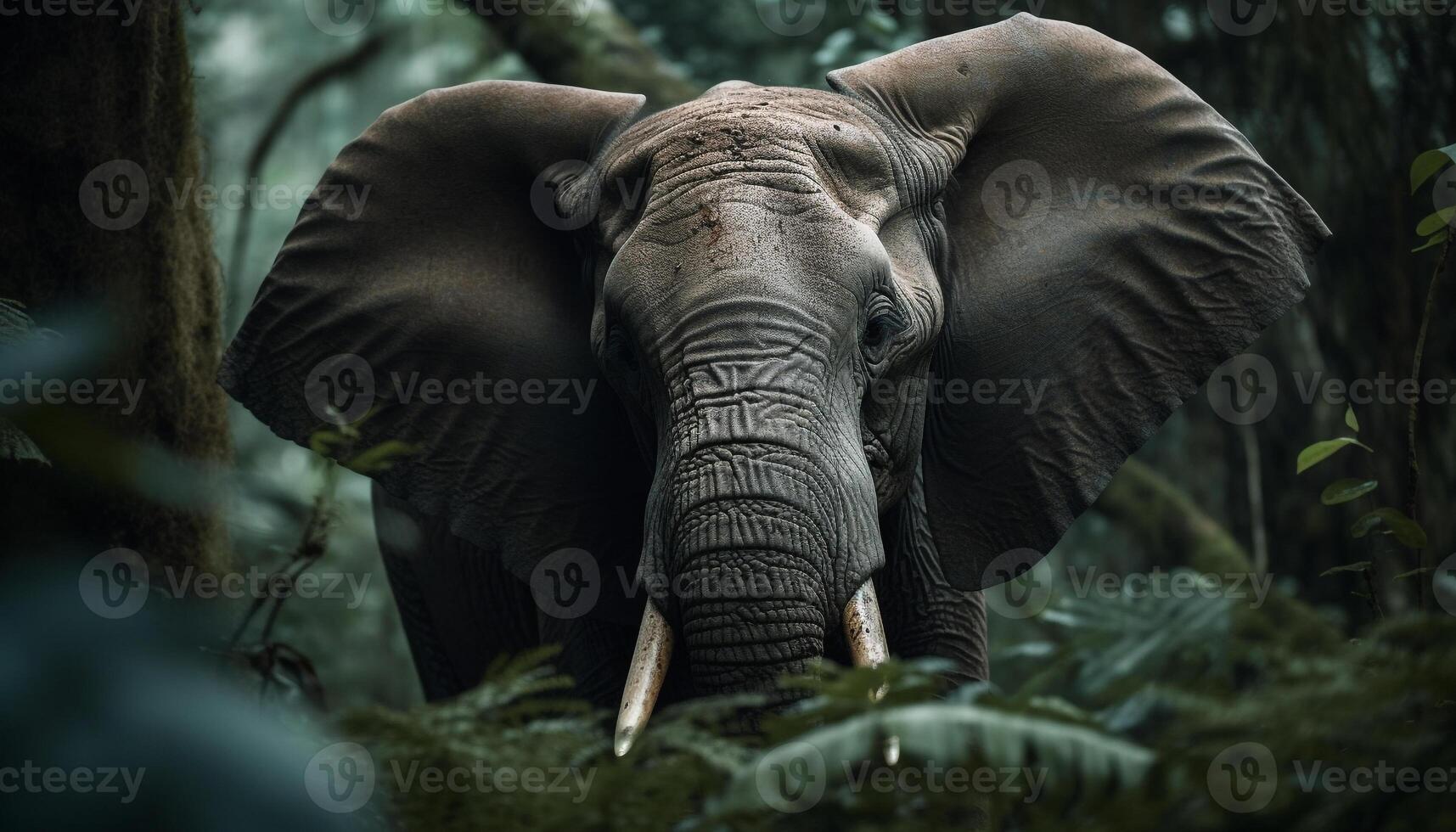 African elephant walking in wet grass, looking at camera closely generated by AI photo