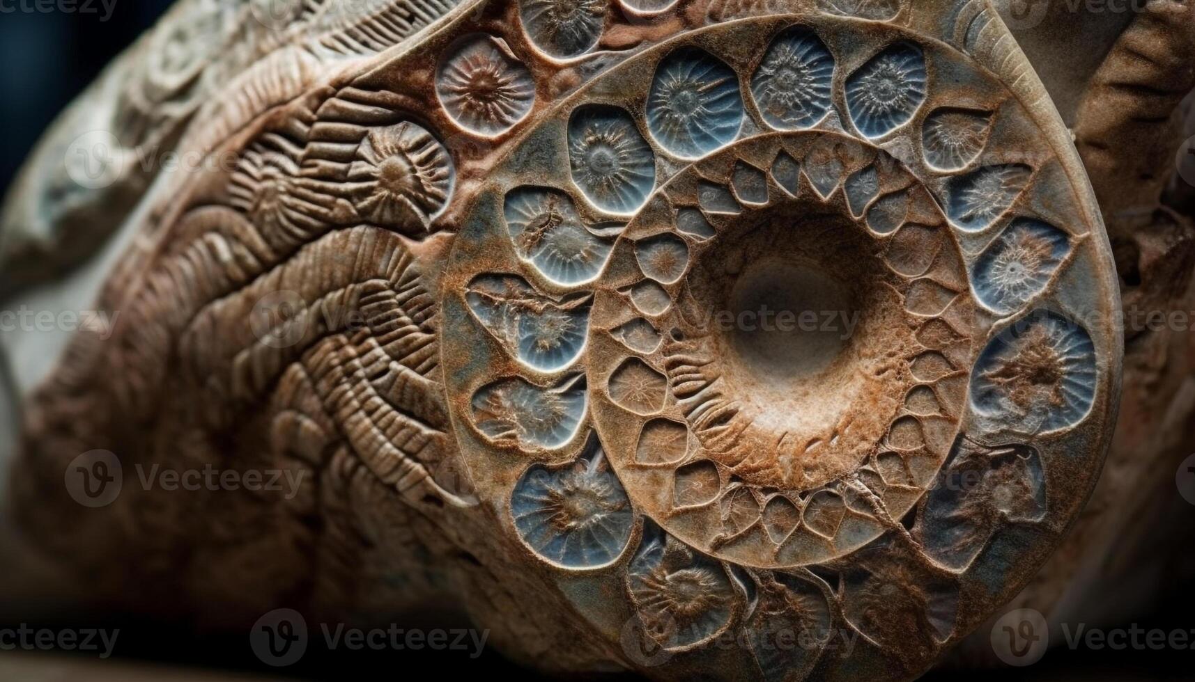 Ancient ammonite fossil, intricate spiral pattern, nature ornate decoration generated by AI photo