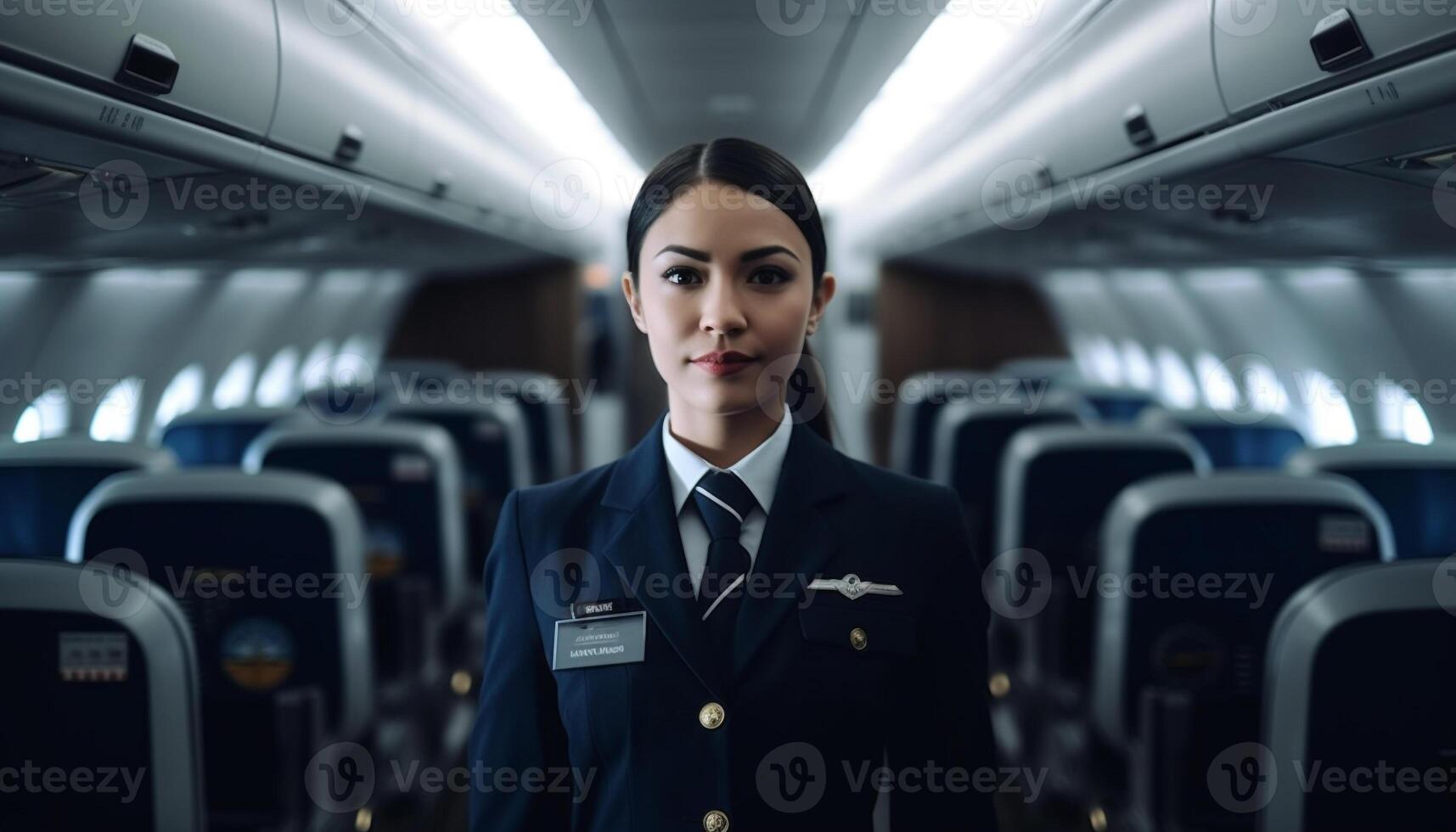 Young businesswoman smiling confidently inside commercial airplane with cabin crew generated by AI photo
