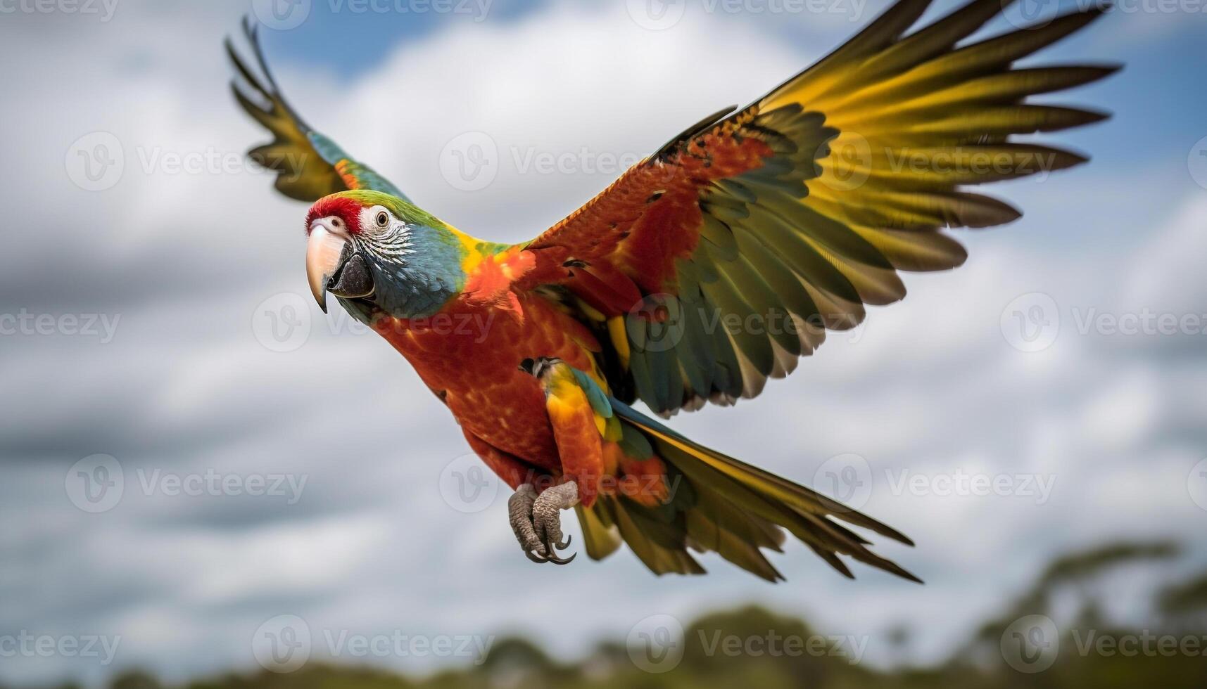 Vibrant gold and blue macaw perching on green branch outdoors generated by AI photo