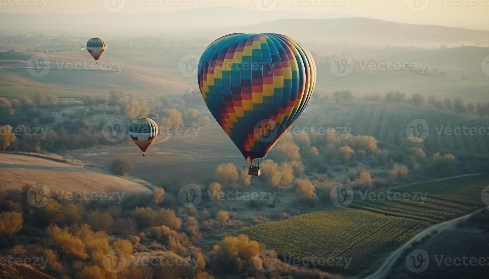 Multi colored hot air balloon flies high over mountain landscape generated by AI photo