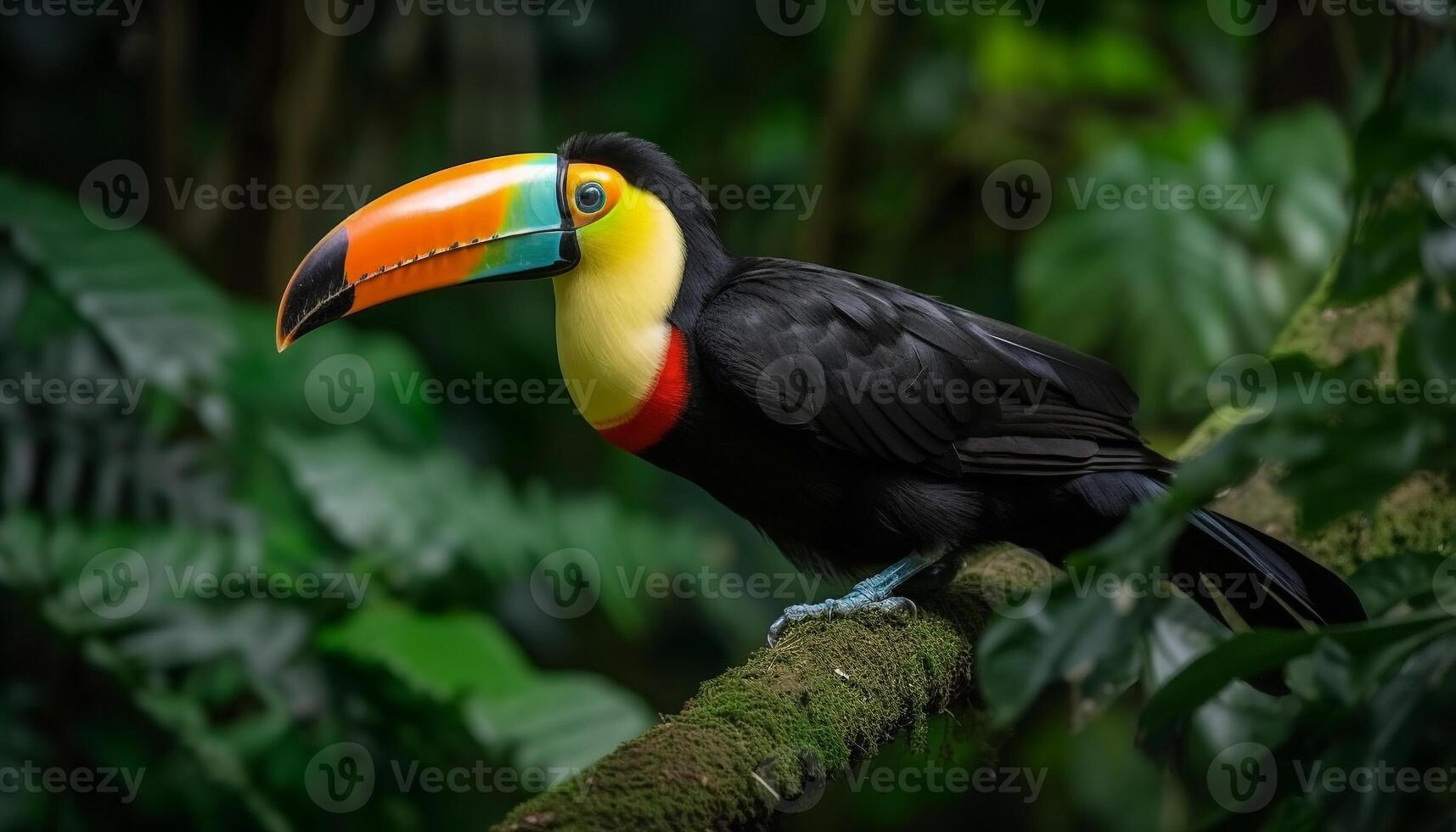 Toucan perching on branch, vibrant feathers in tropical rainforest generated by AI photo