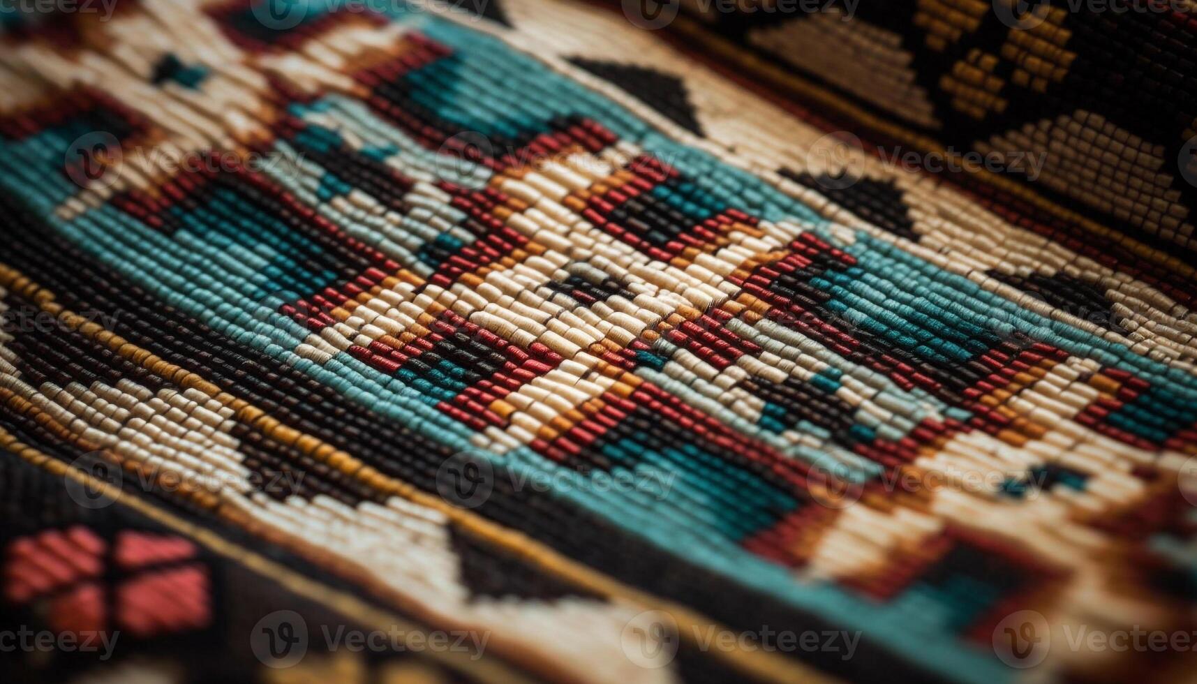 Woven wool tapestry rug with intricate geometric pattern decoration generated by AI photo