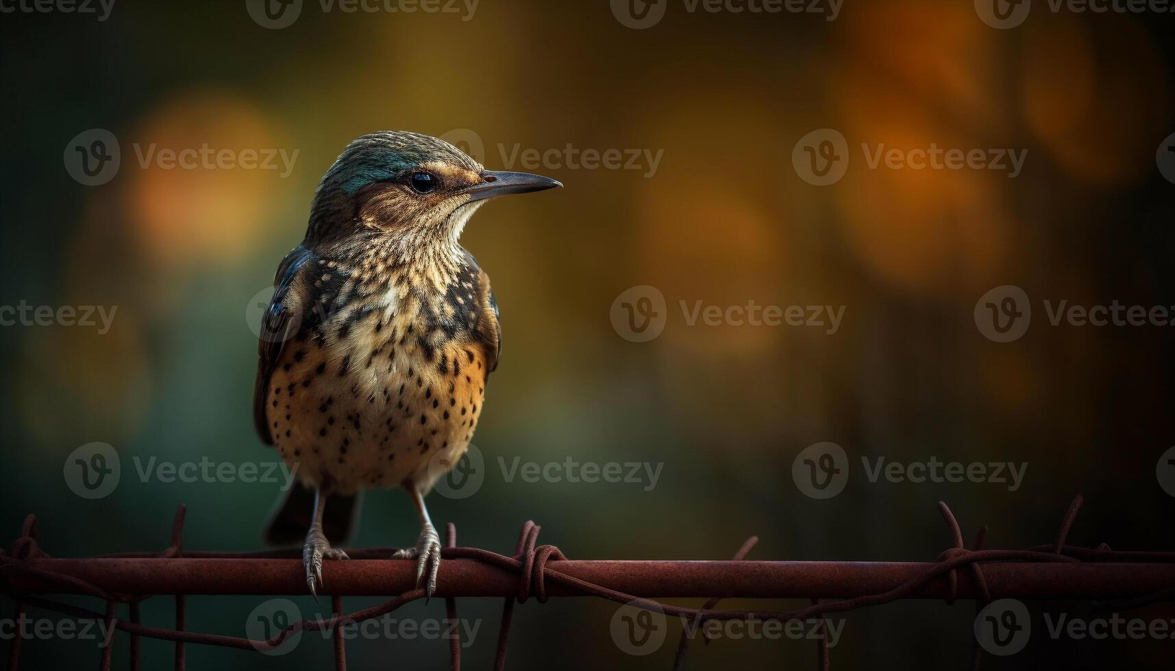 Male starling perching on branch, spotted in tranquil forest generated by AI photo