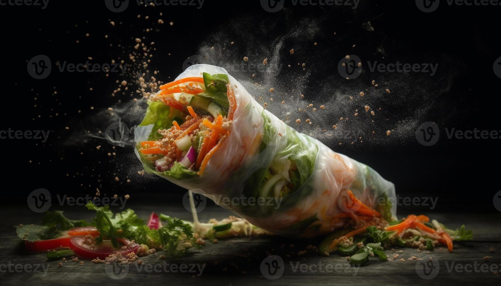 Fresh gourmet meal grilled meat and vegetable spring roll appetizer generated by AI photo