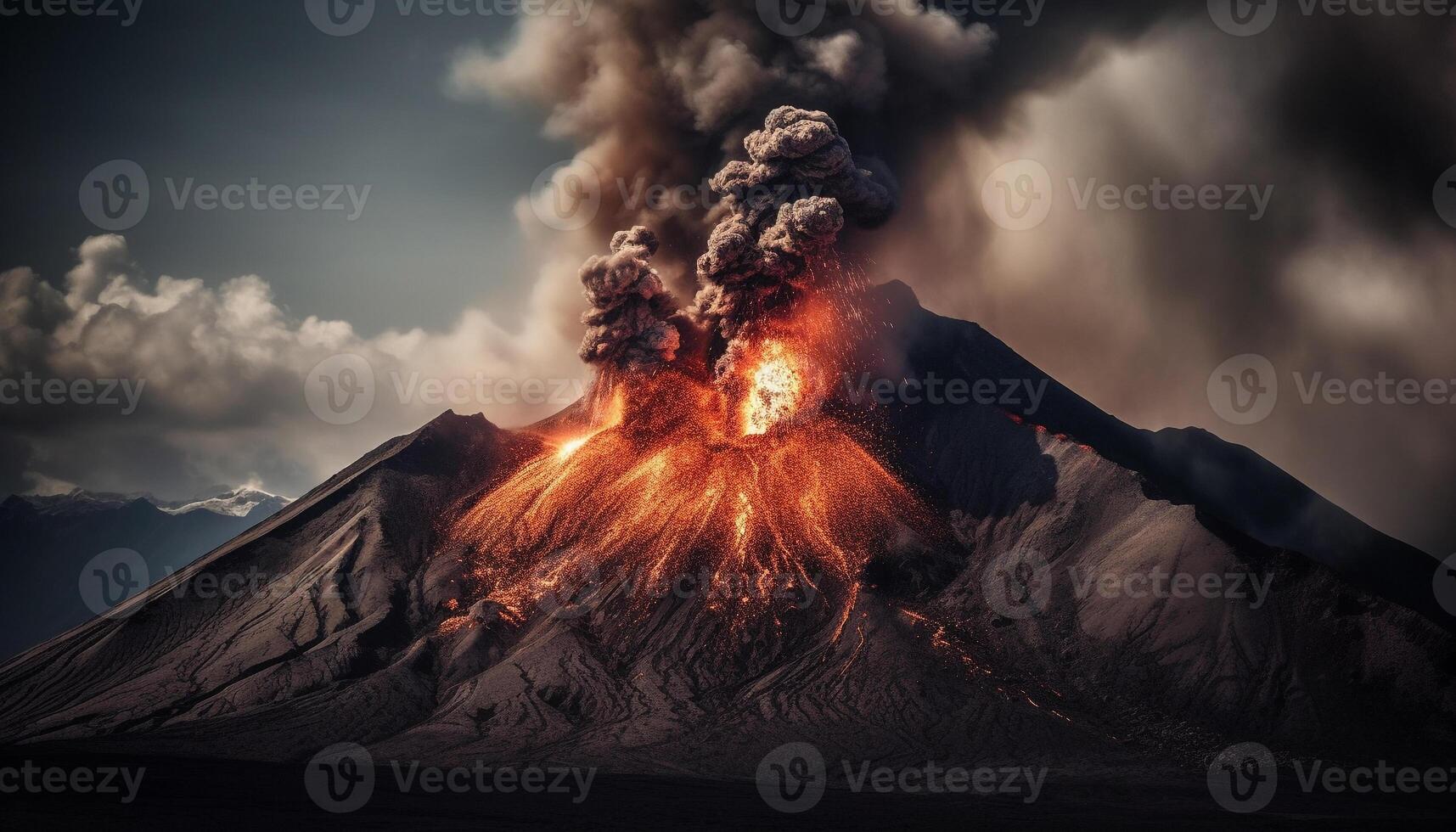 Burning mountain erupts, destroying environment with smoke and ash pollution generated by AI photo