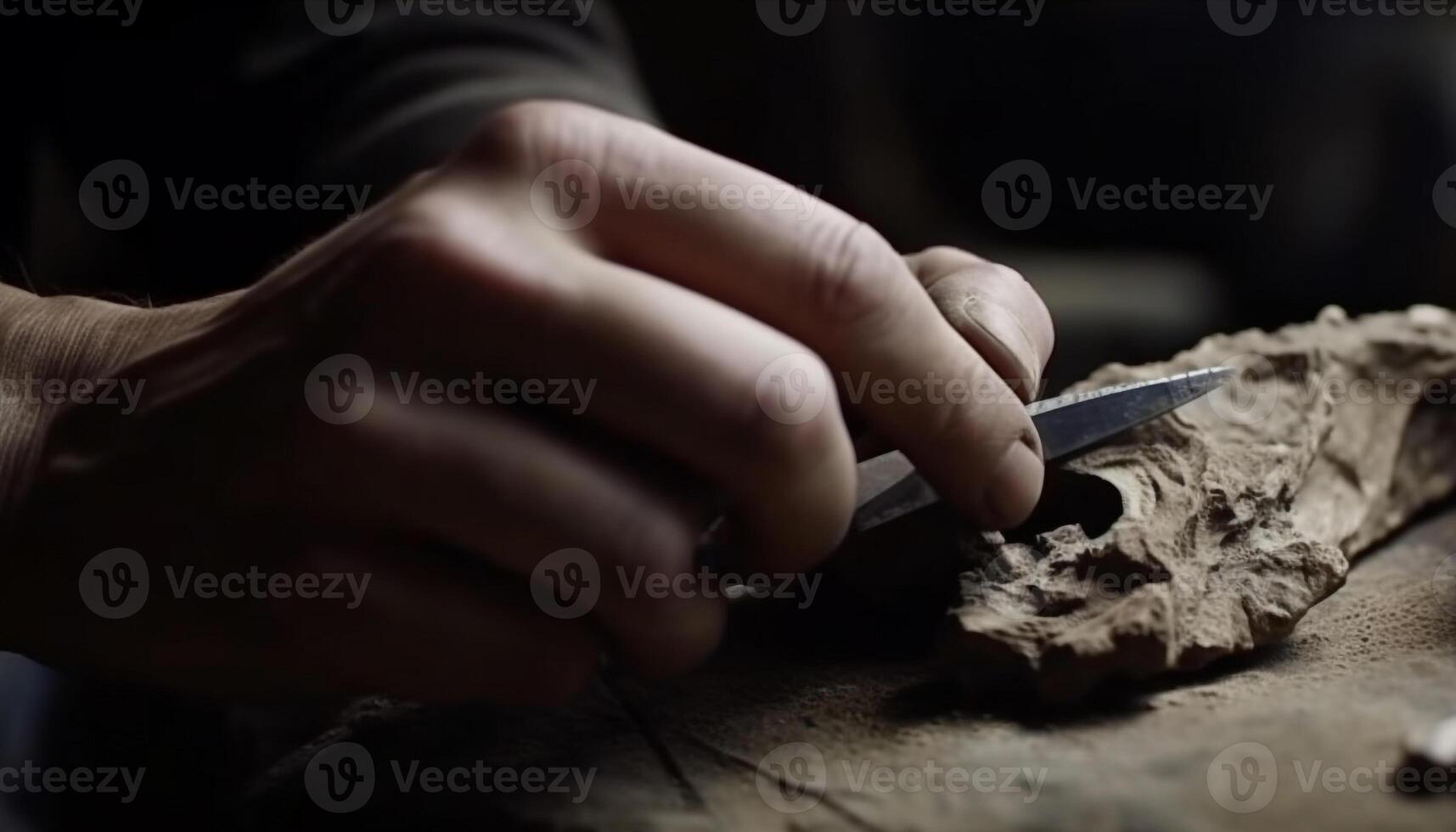 Craftsperson making homemade craft product with metal blade and leather generated by AI photo