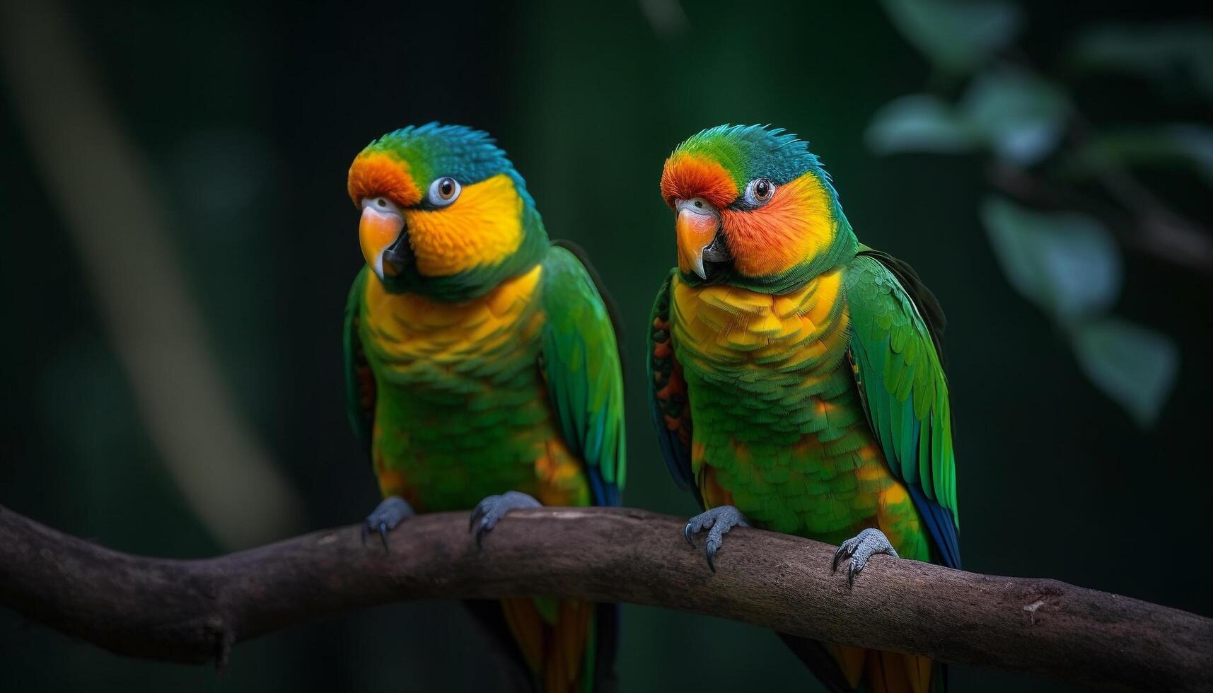 Vibrant macaw perching on branch, showcasing colorful feather pattern generated by AI photo