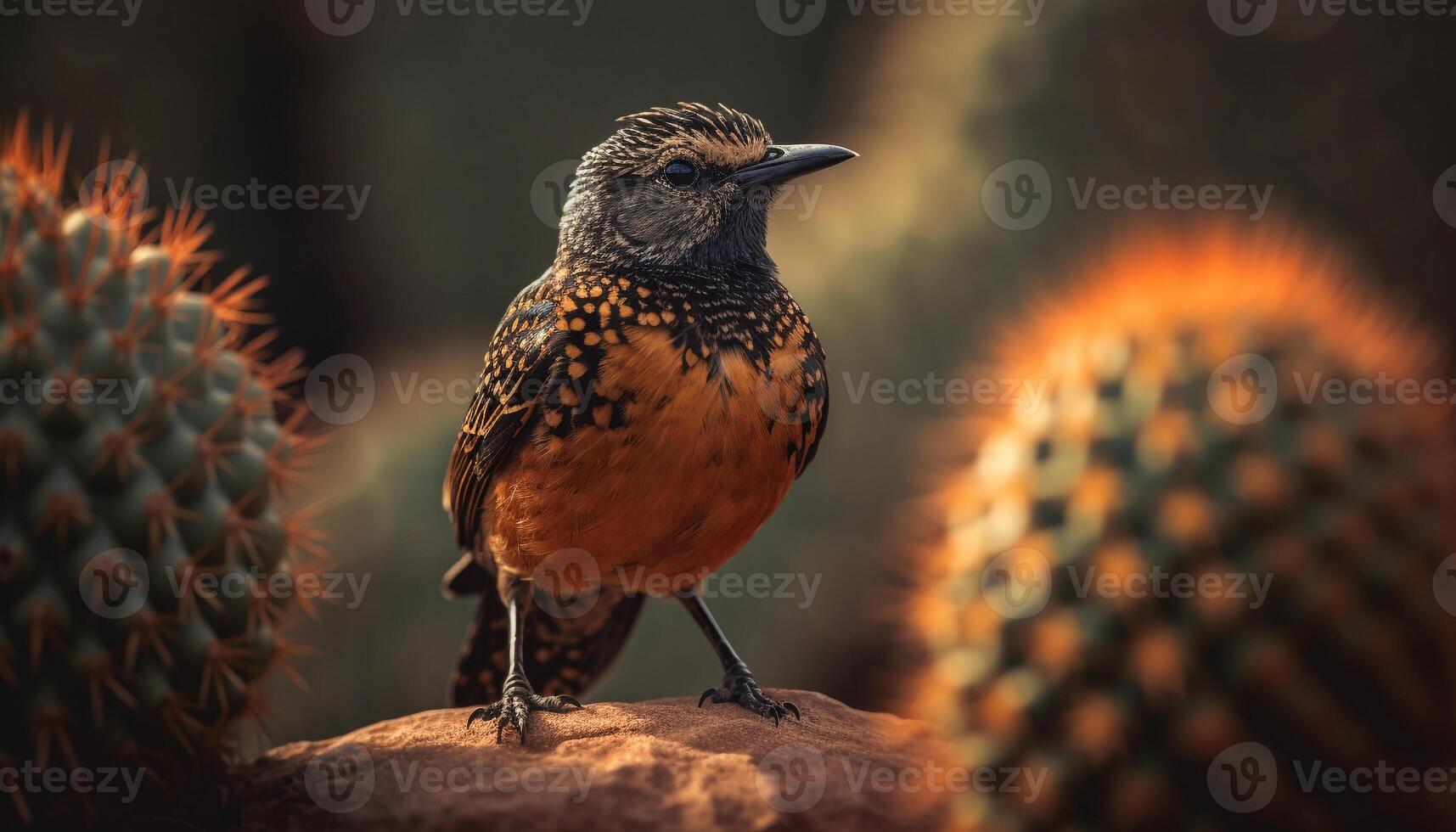 Small starling perching on branch, feathers multi colored, close up focus generated by AI photo