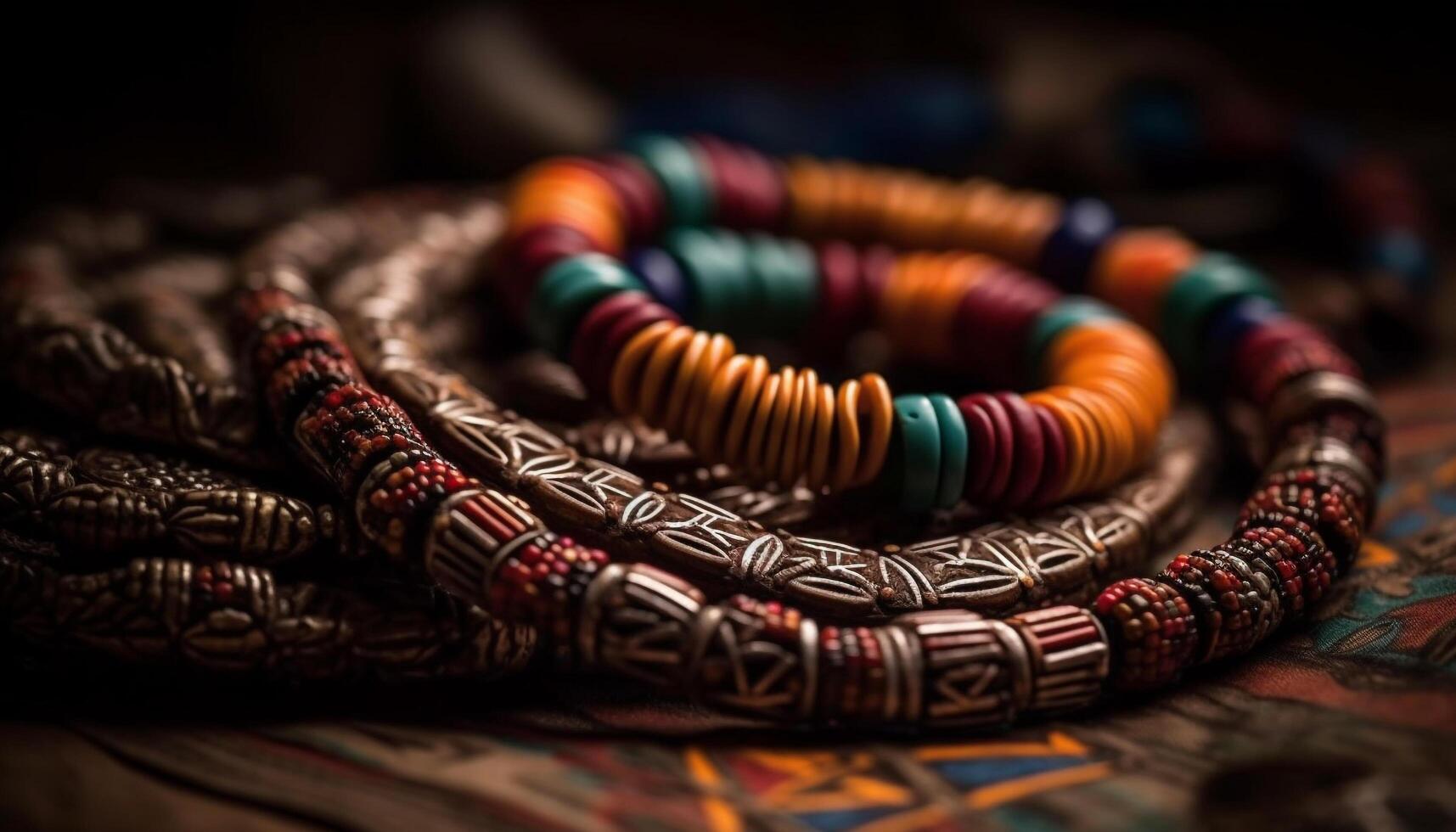 Indigenous cultures woven vibrant colors into ornate textile bracelets generated by AI photo