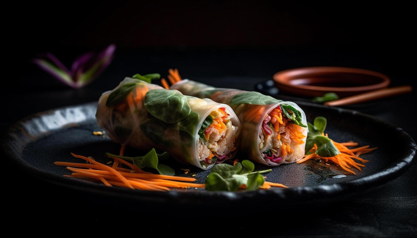 Fresco primavera rodar aperitivo con verdura, cerdo, y salsa inmersión generado por ai foto