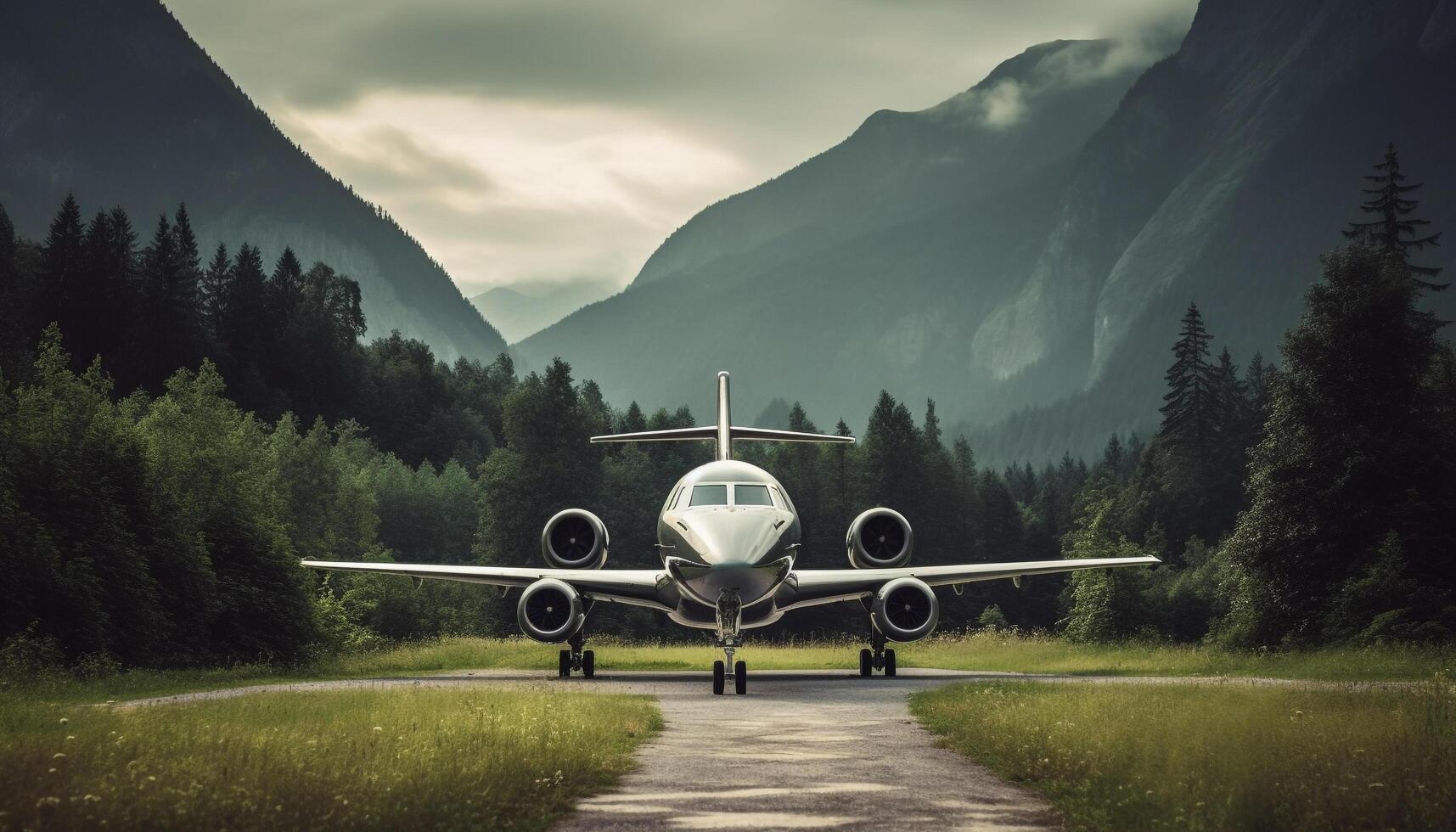 Flying airplane over mountain range, propeller engine taking off generated by AI photo