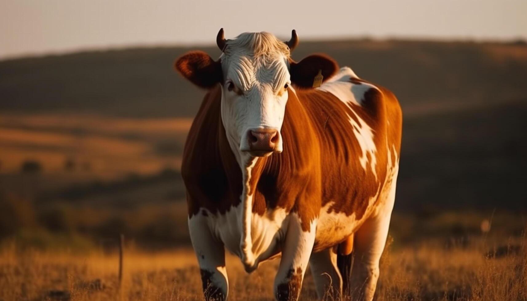 Holstein cattle grazing in green meadow at sunset, udder visible generated by AI photo