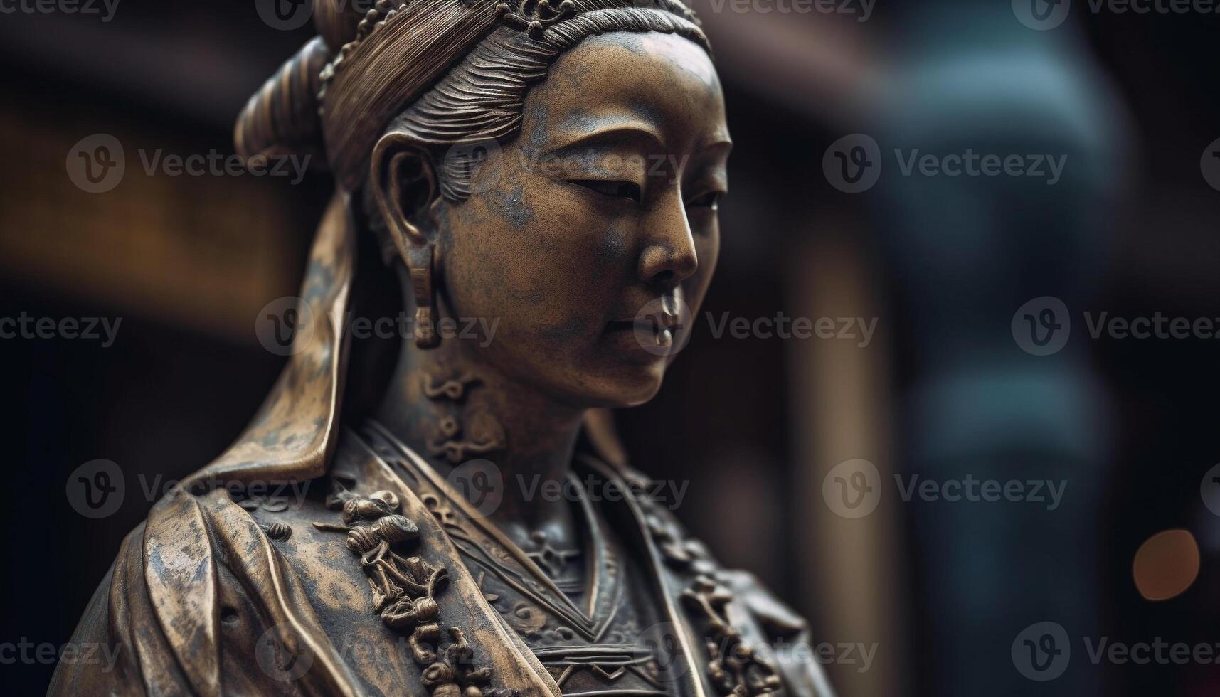 One person meditating in front of ancient Chinese sculpture generated by AI photo