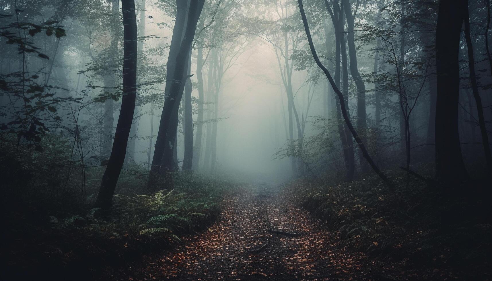 Spooky forest path, mysterious beauty in nature, tranquil wilderness scene generated by AI photo