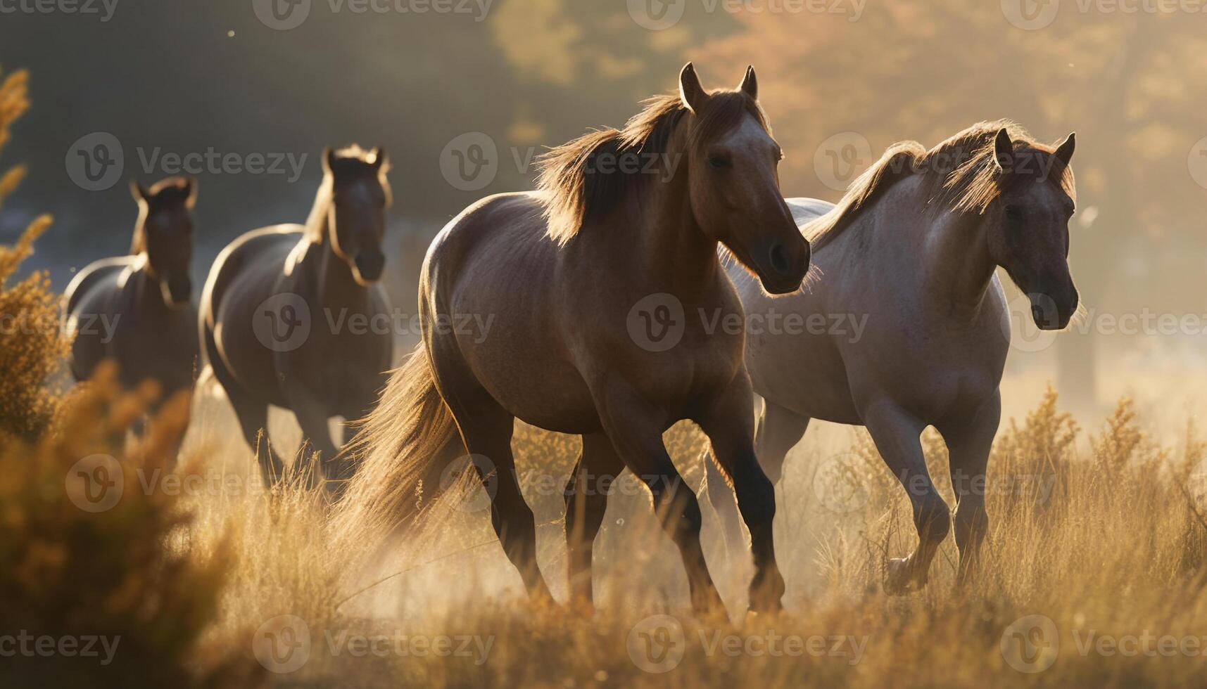 Running herd of bay horses grazing in tranquil meadow generated by AI