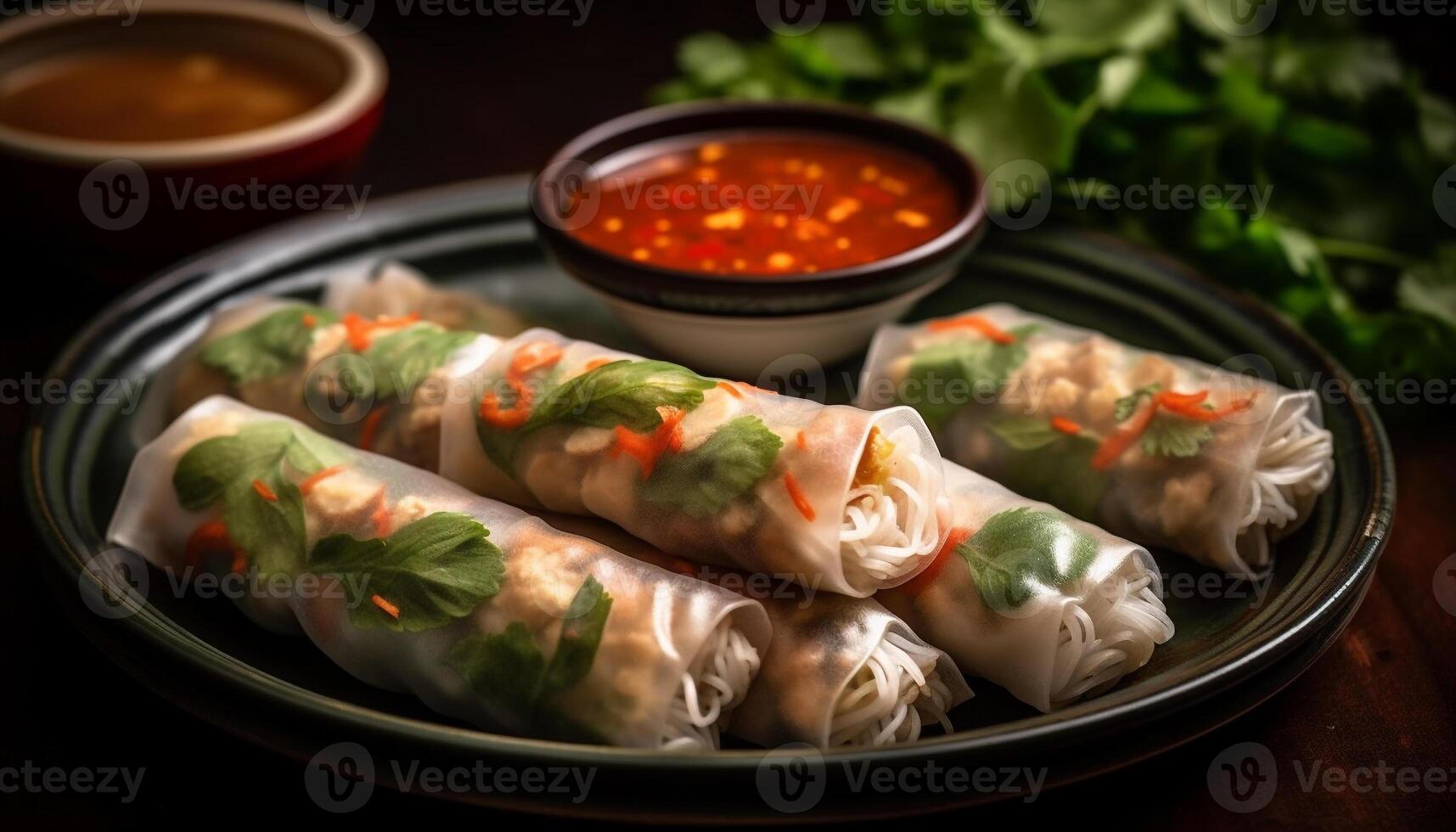 Freshly steamed dim sum, pork and vegetable spring rolls Delicious appetizer generated by AI photo