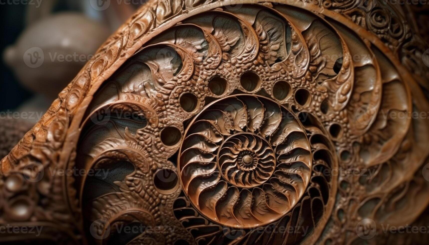 Ancient animal shell, intricate spiral pattern, fossilized souvenir of history generated by AI photo