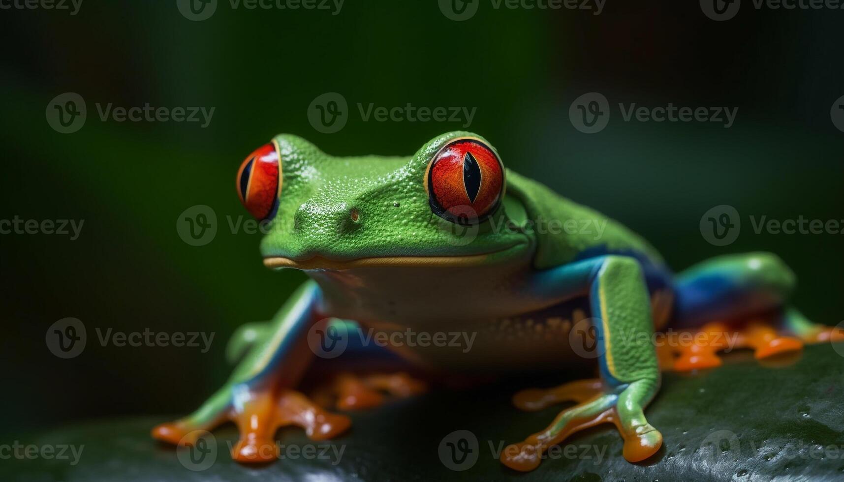 Red eyed tree frog sitting on leaf, looking with curiosity generated by AI photo