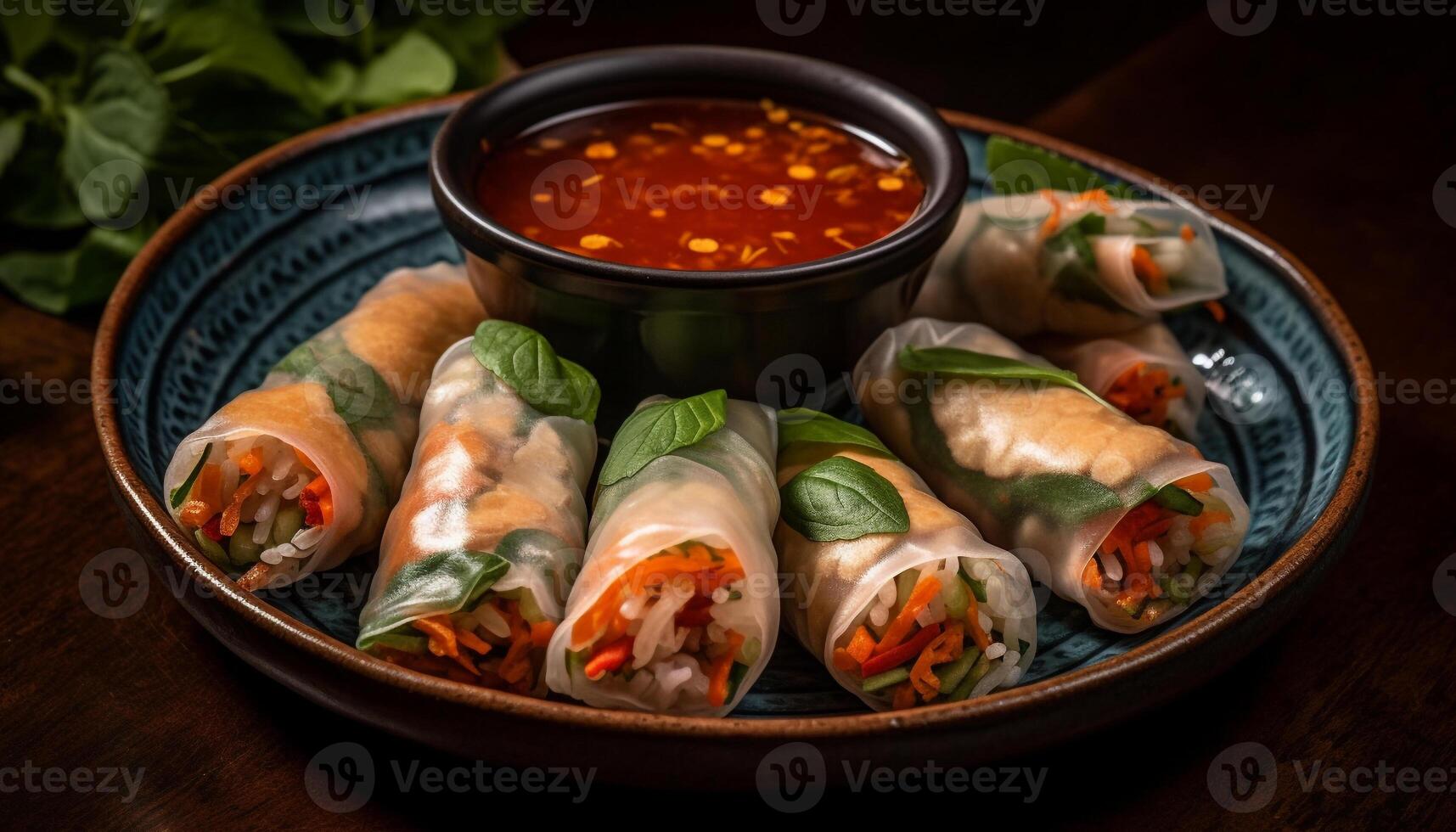Fresh spring roll with pork and vegetables, a healthy appetizer generated by AI photo
