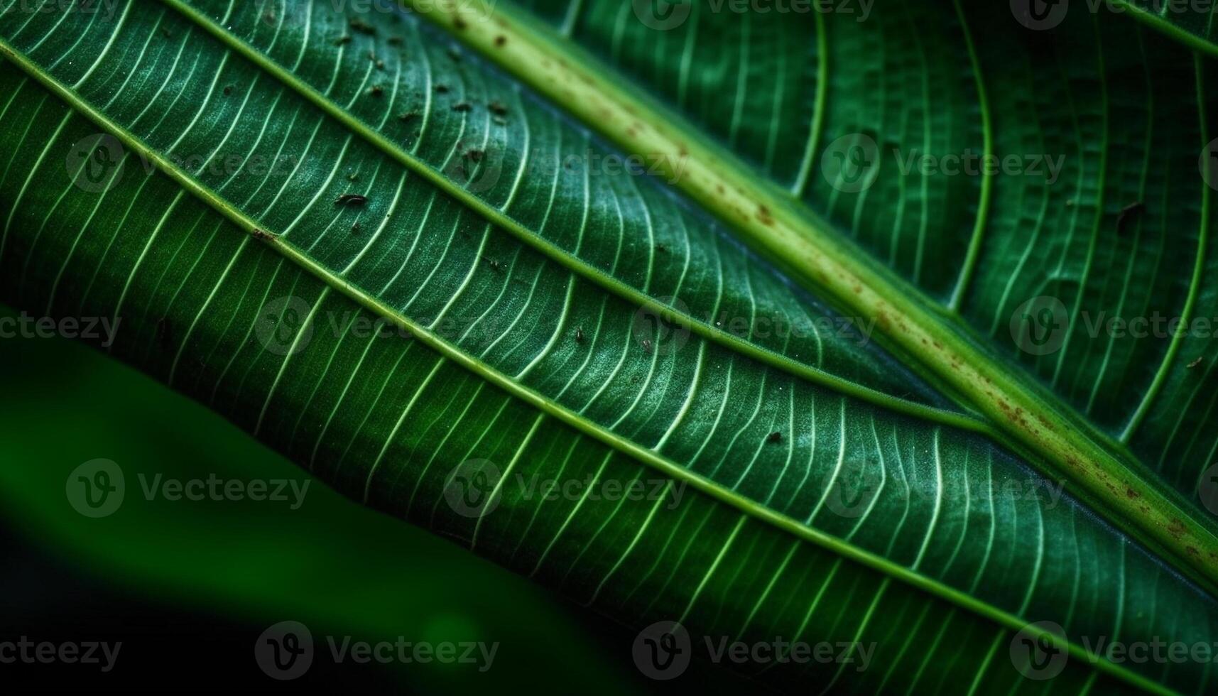 Vibrant green leaf veins striped with dew in tropical rain generated by AI photo