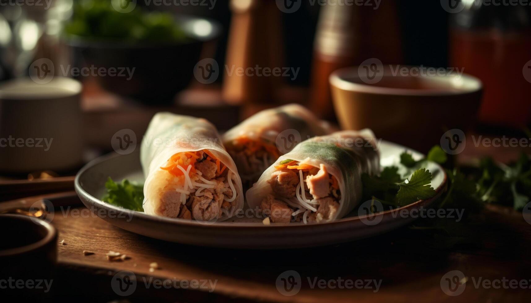Fresh spring roll appetizer, rolled up with vegetables and meat generated by AI photo