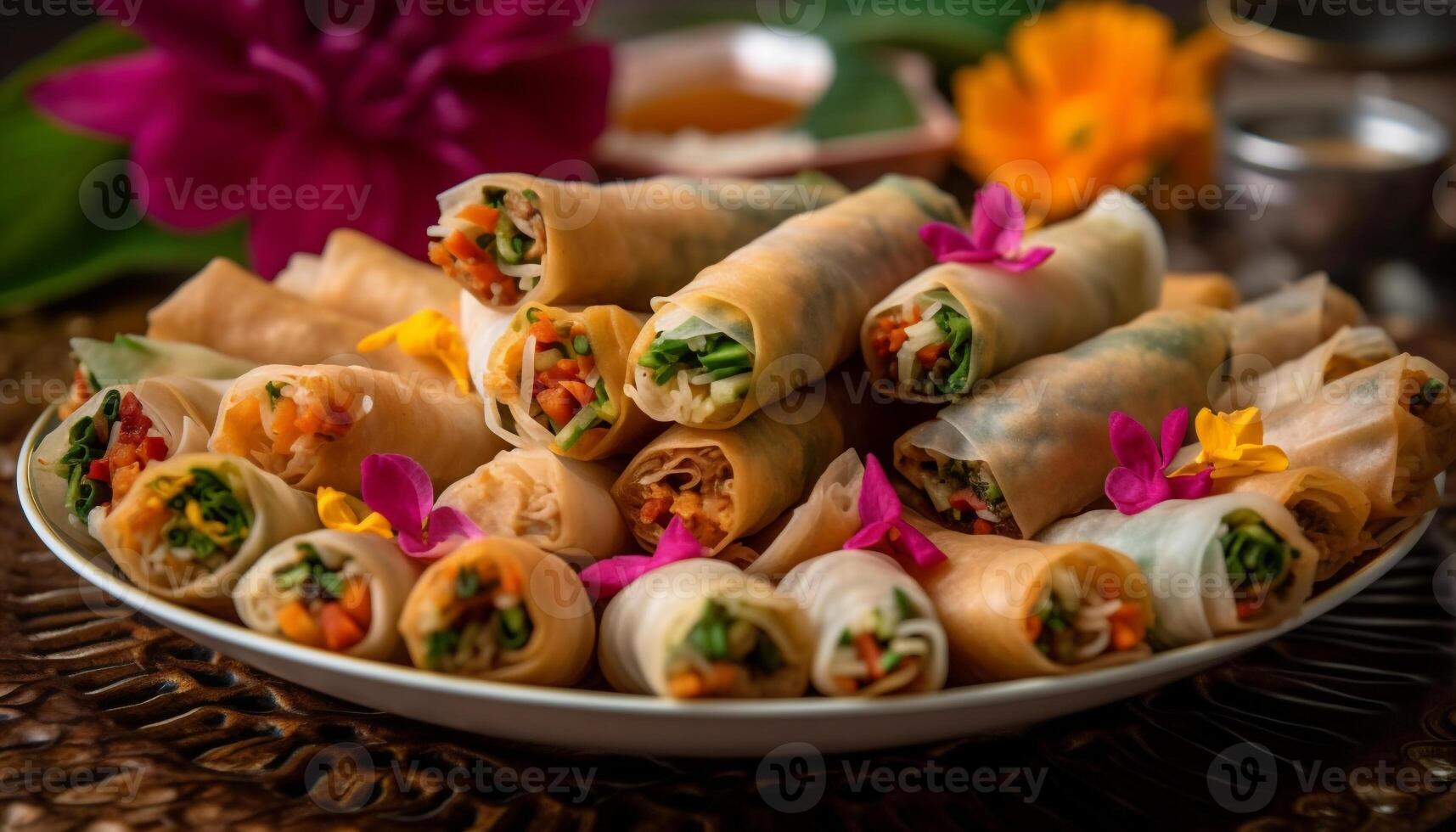 A plate of gourmet spring rolls, wrapped up and ready to eat generated by AI photo