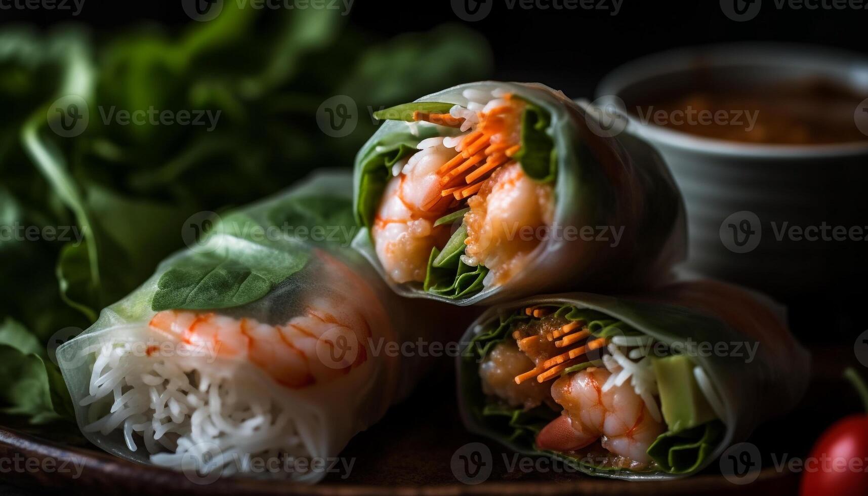 Fresh seafood and vegetable spring rolls with savory cilantro sauce generated by AI photo