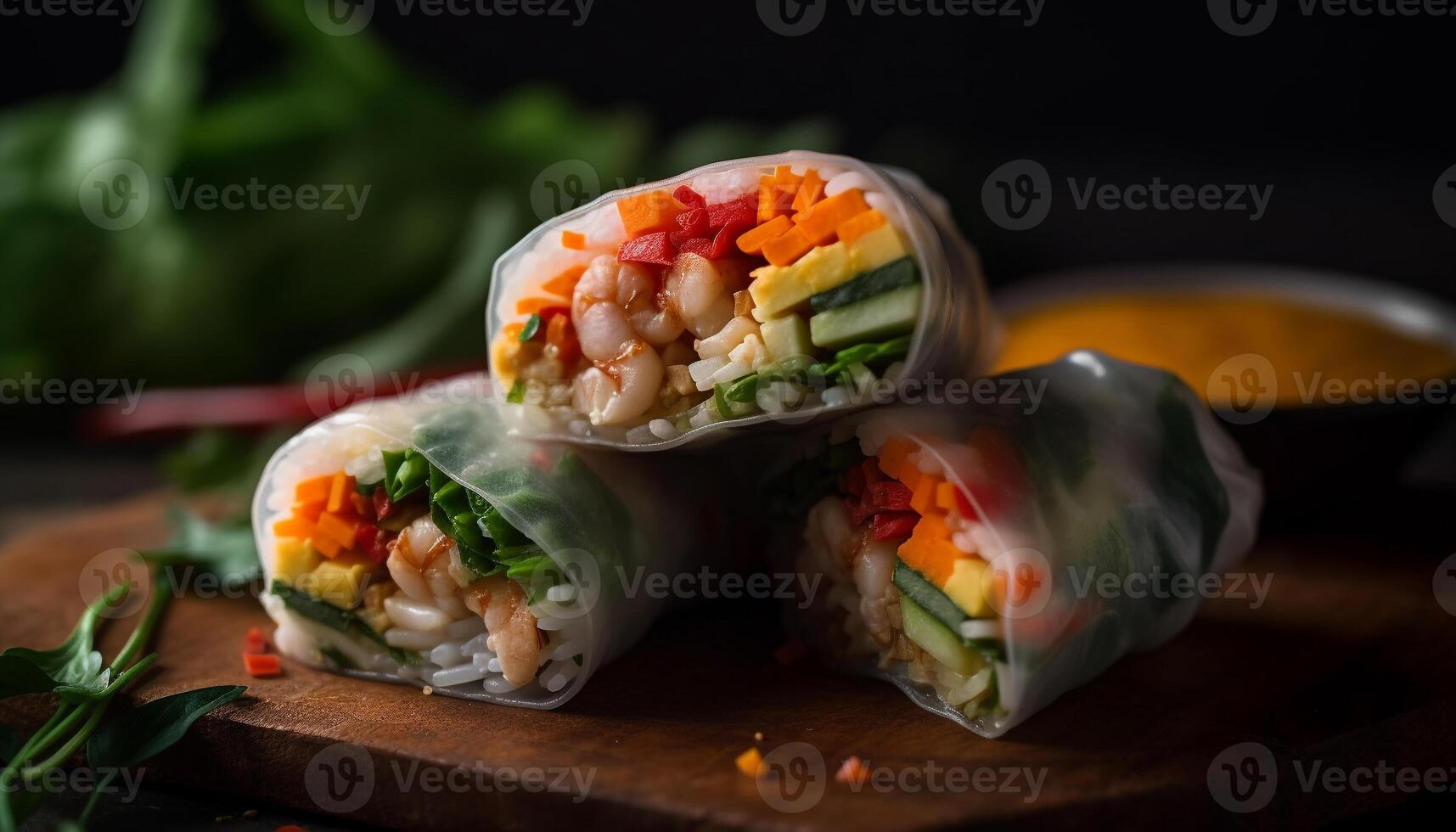 Fresh gourmet meal rolled up spring roll with healthy vegetables generated by AI photo