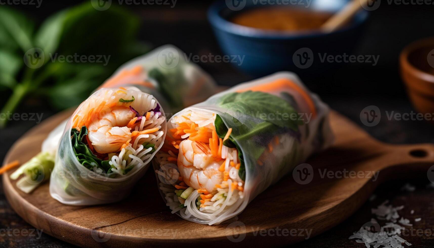 Fresh spring roll wrapped with vegetables and shrimp, a healthy appetizer generated by AI photo