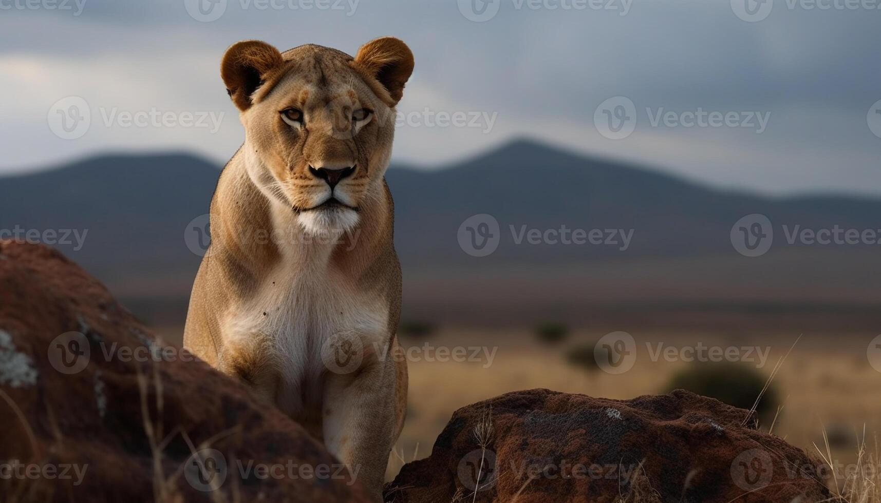 Majestic lioness walking in the savannah, alertness in her eyes generated by AI photo