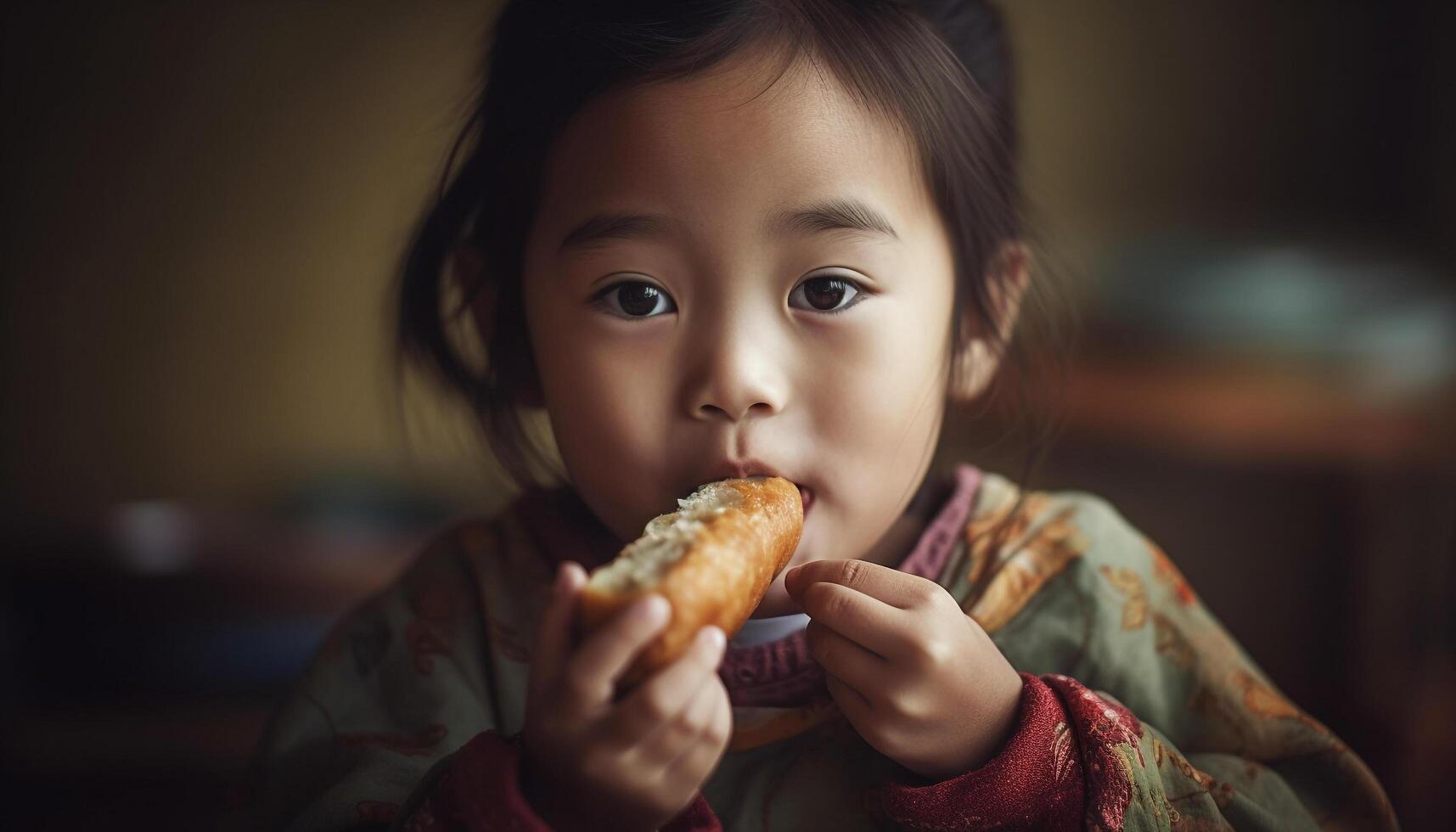 sonriente niño participación dulce bocadillo, mirando a cámara con felicidad generado por ai foto