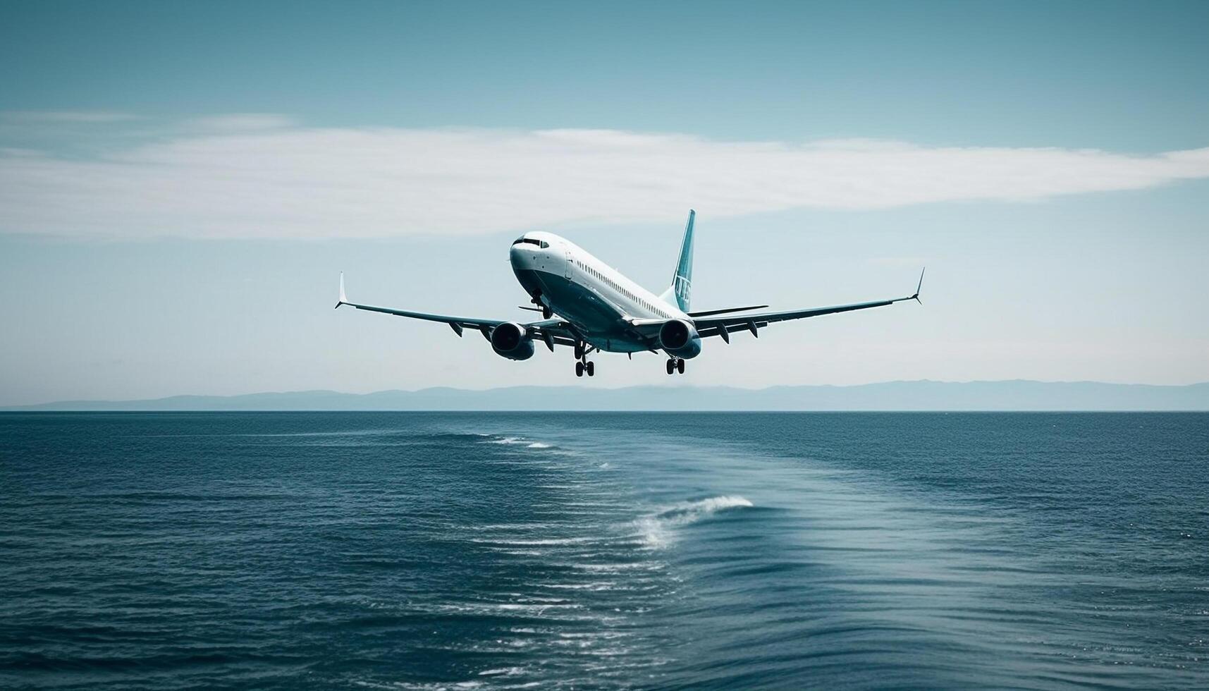 Blue airplane taking off mid air, propeller engine, luxury travel generated by AI photo