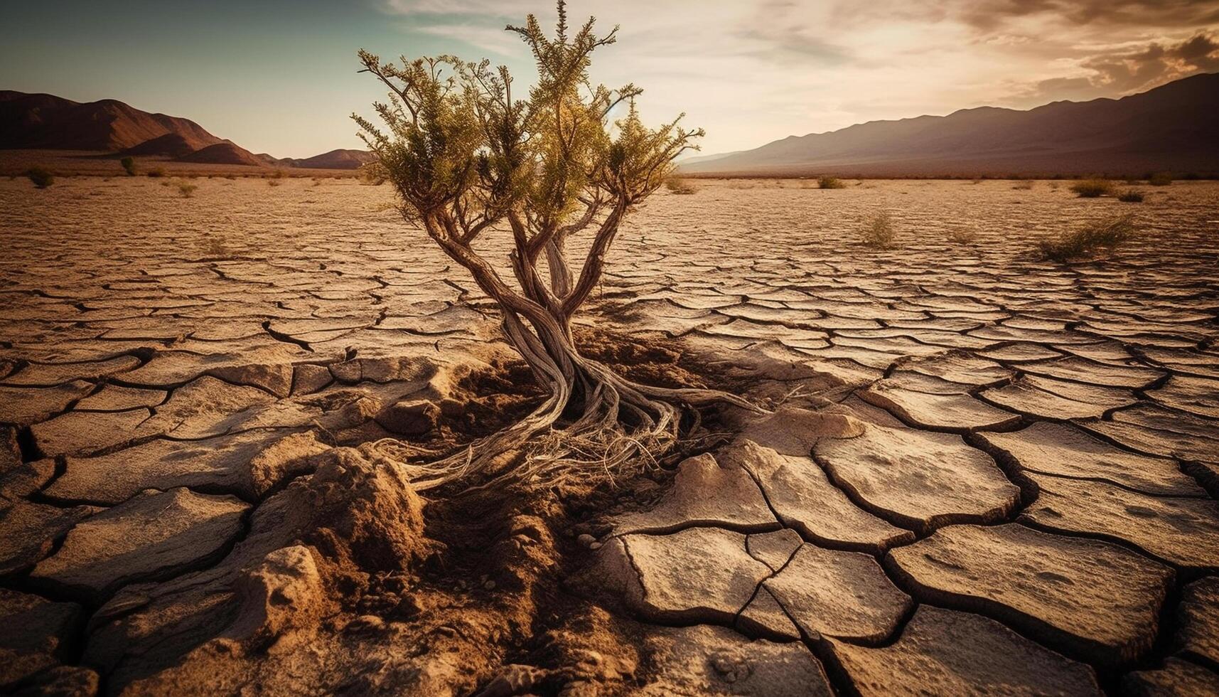 Arid climate, extreme terrain, dead plant, eroded mountain, sunset beauty generated by AI photo