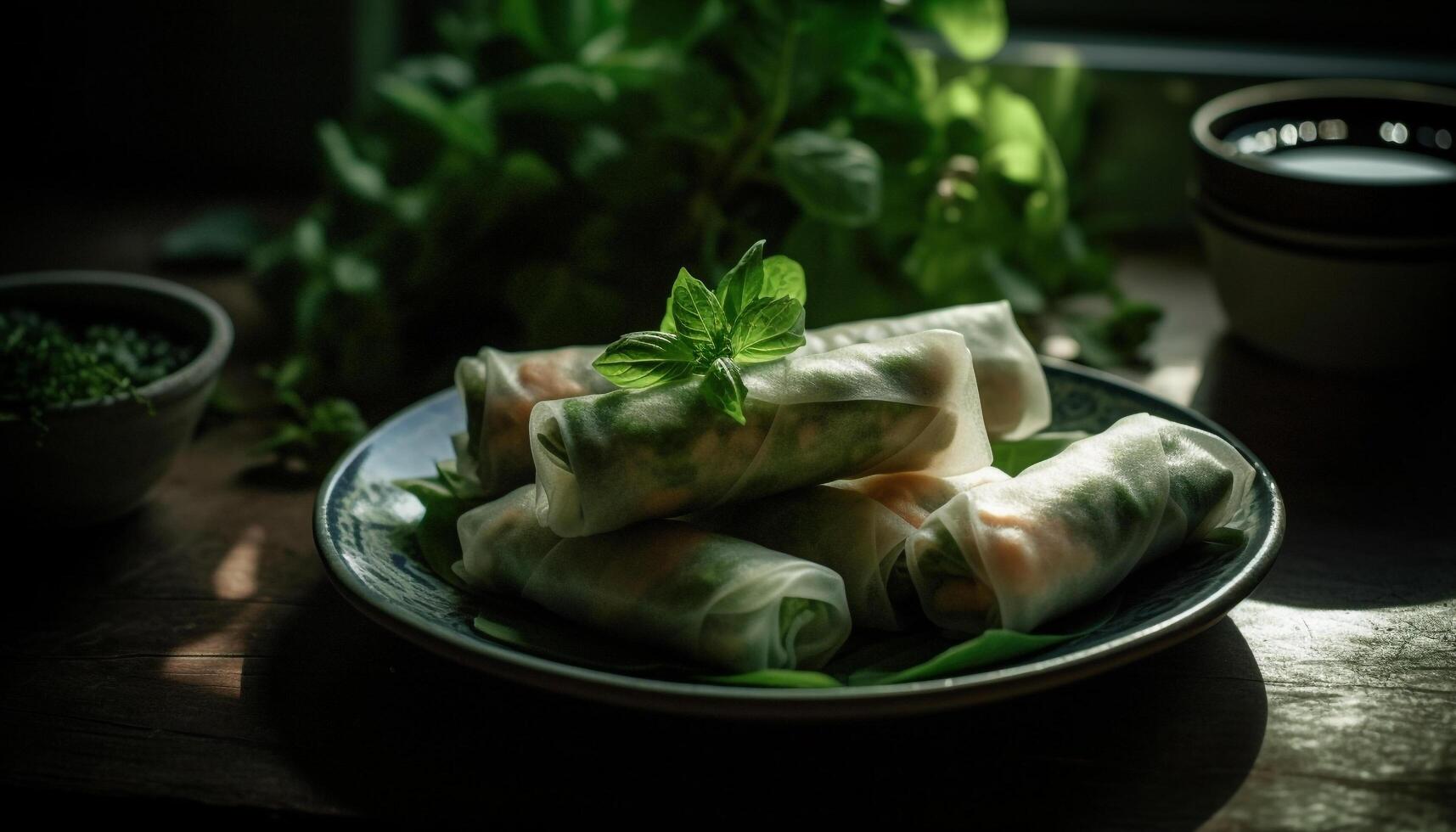 Fresh spring roll appetizer, rolled up with vegetables and herbs generated by AI photo