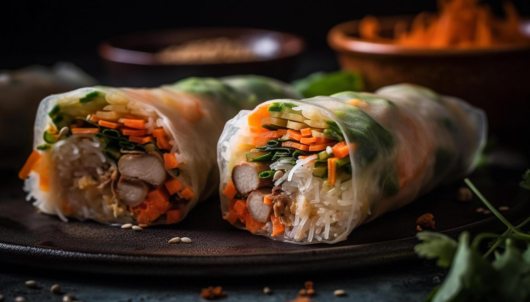 Fresh spring roll wrapped with vegetables and savory sauce generated by AI photo