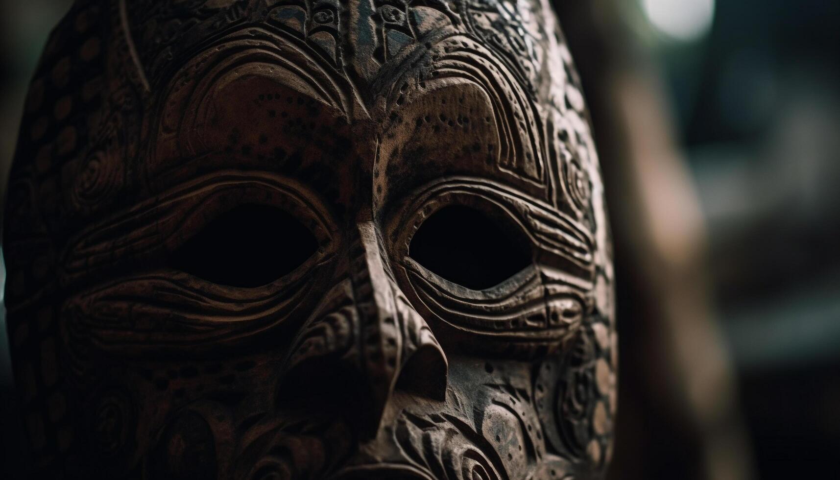 Ancient mask decoration, wood craft, African culture, indigenous spirituality generated by AI photo